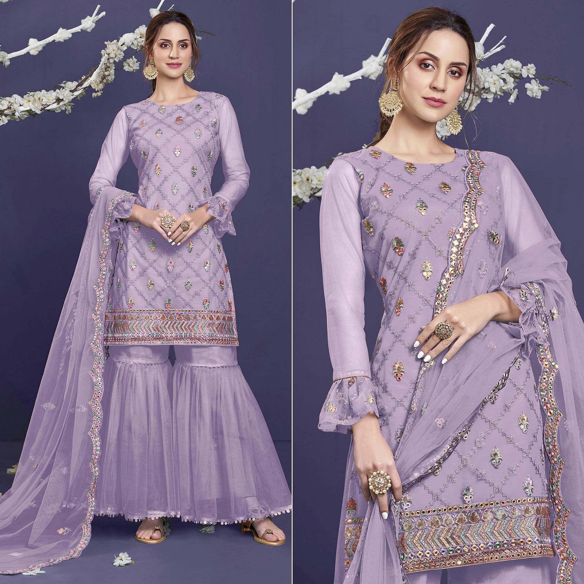 Light Purple Sequence Embroidered Netted Sharara Suit - Peachmode