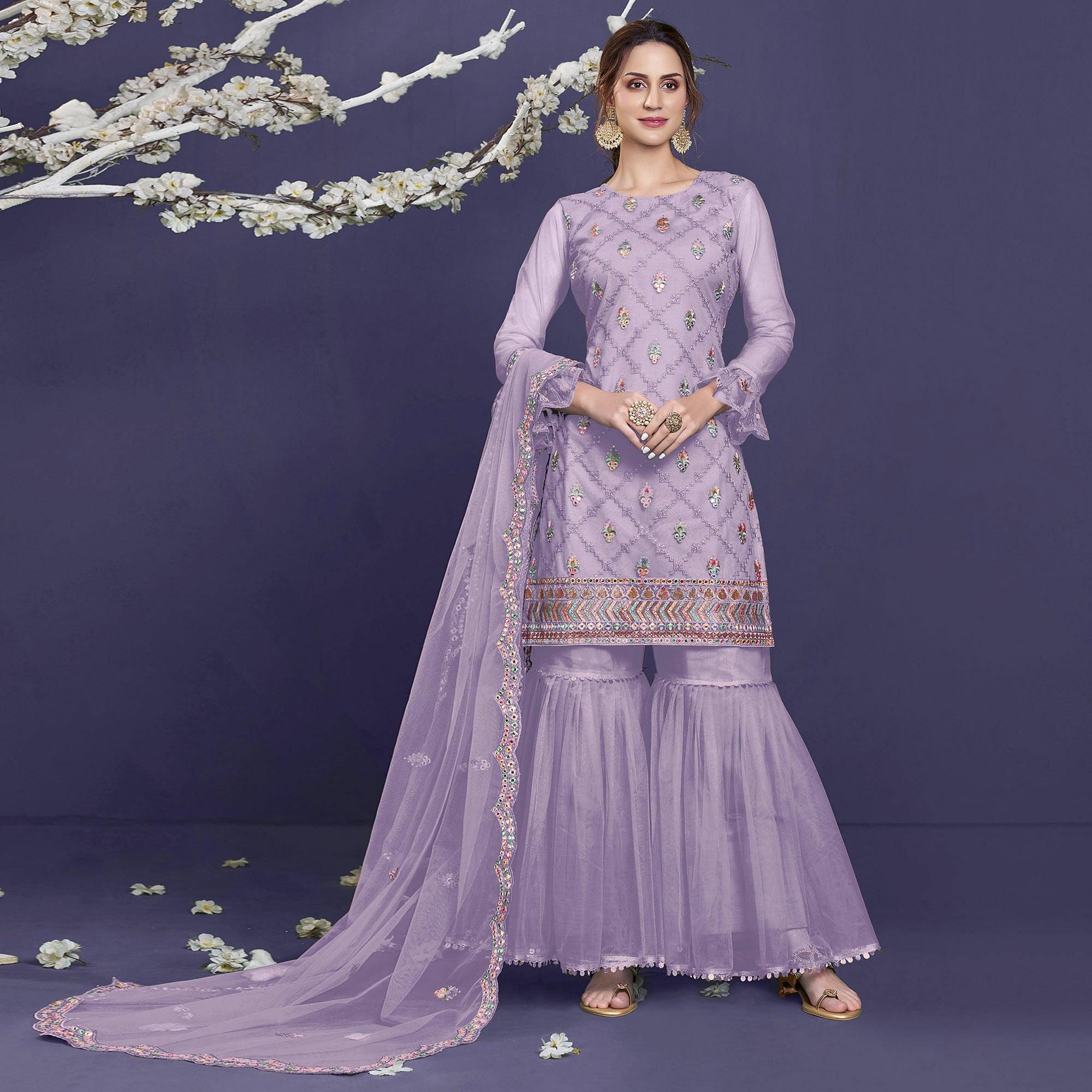 Light Purple Sequence Embroidered Netted Sharara Suit - Peachmode