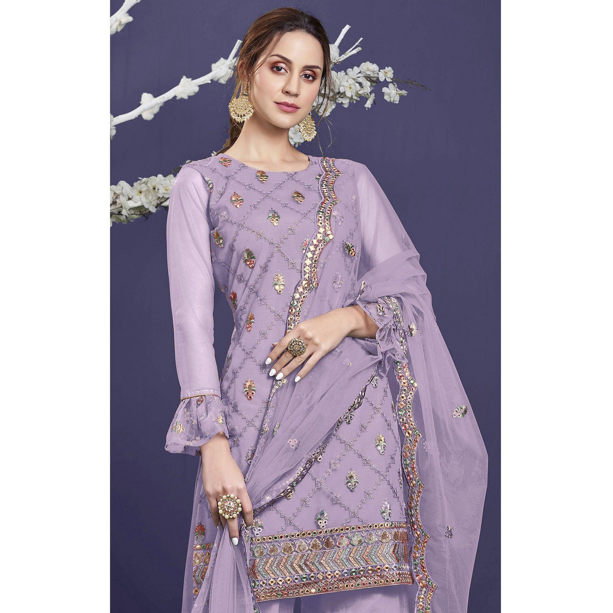 Light Purple Sequence Embroidered Netted Sharara Suit - Peachmode