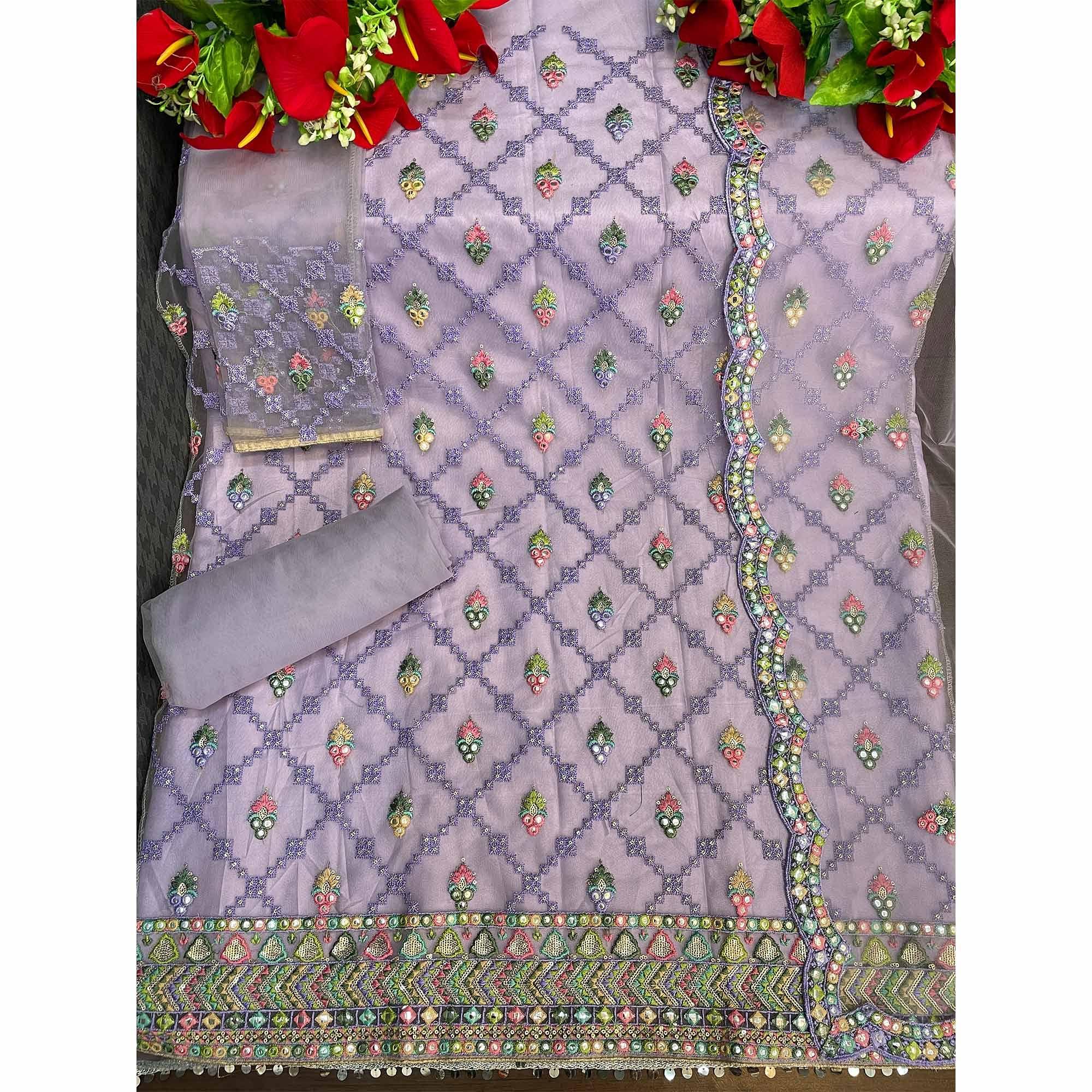 Light Purple Sequence Embroidered Netted Sharara Suit - Peachmode