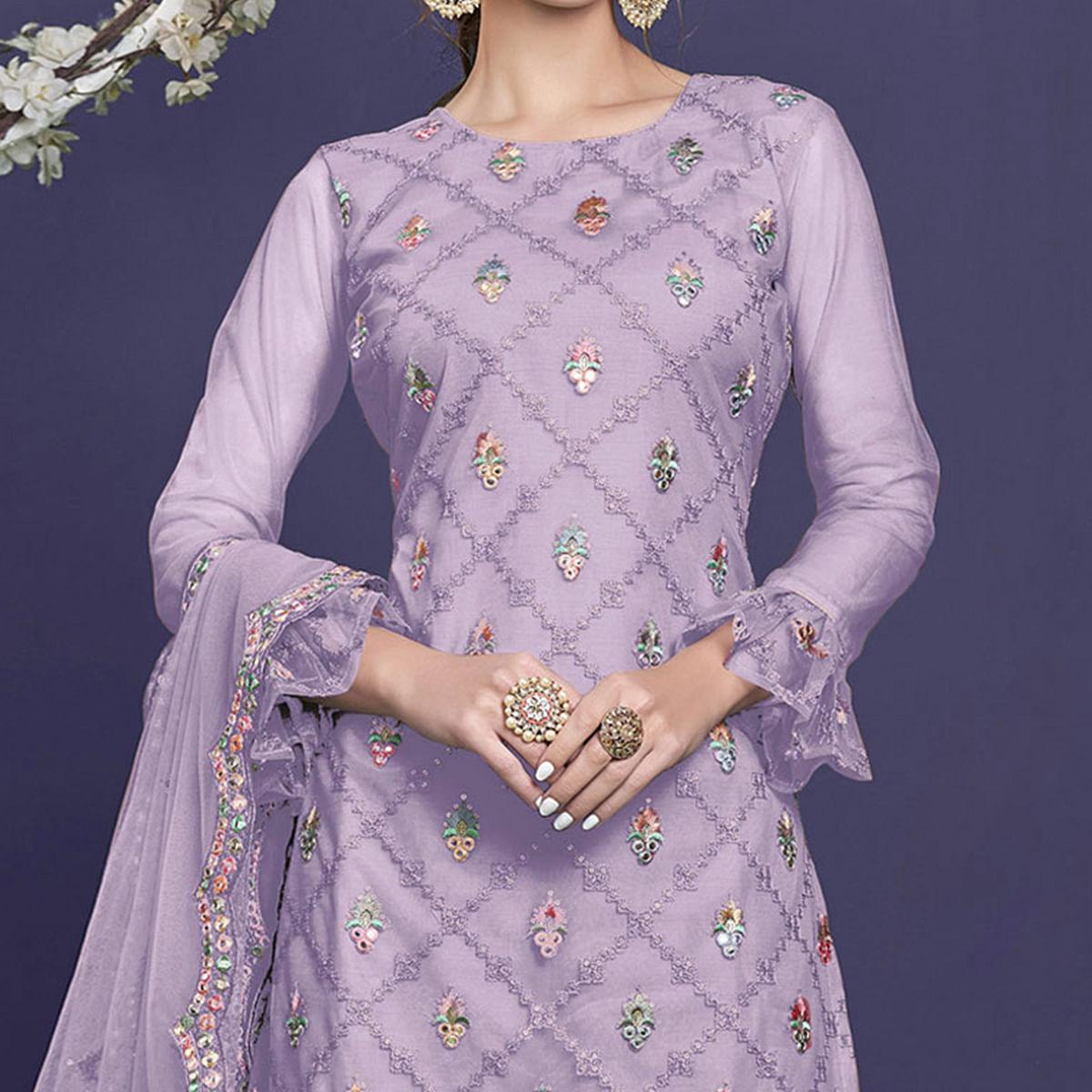 Light Purple Sequence Embroidered Netted Sharara Suit - Peachmode