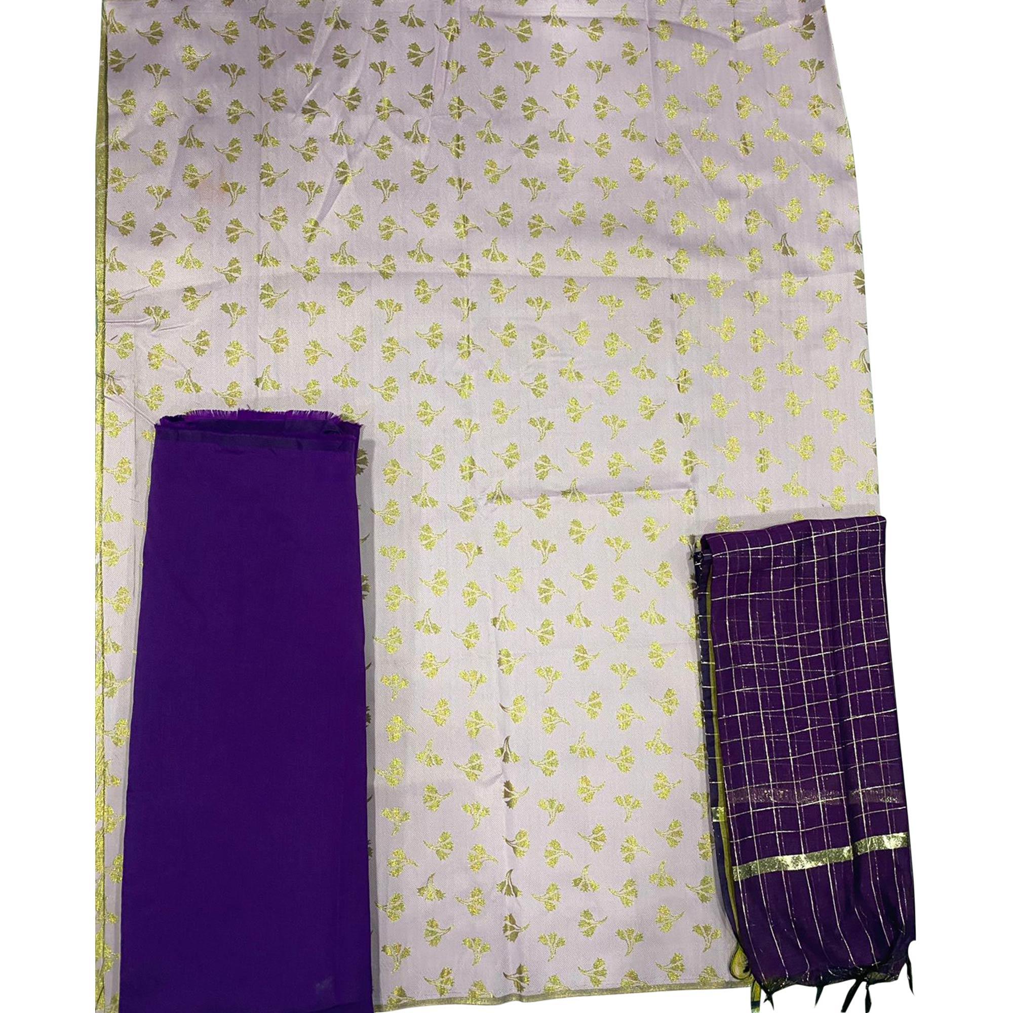 Light Purple Woven Banarasi Silk Dress Material - Peachmode