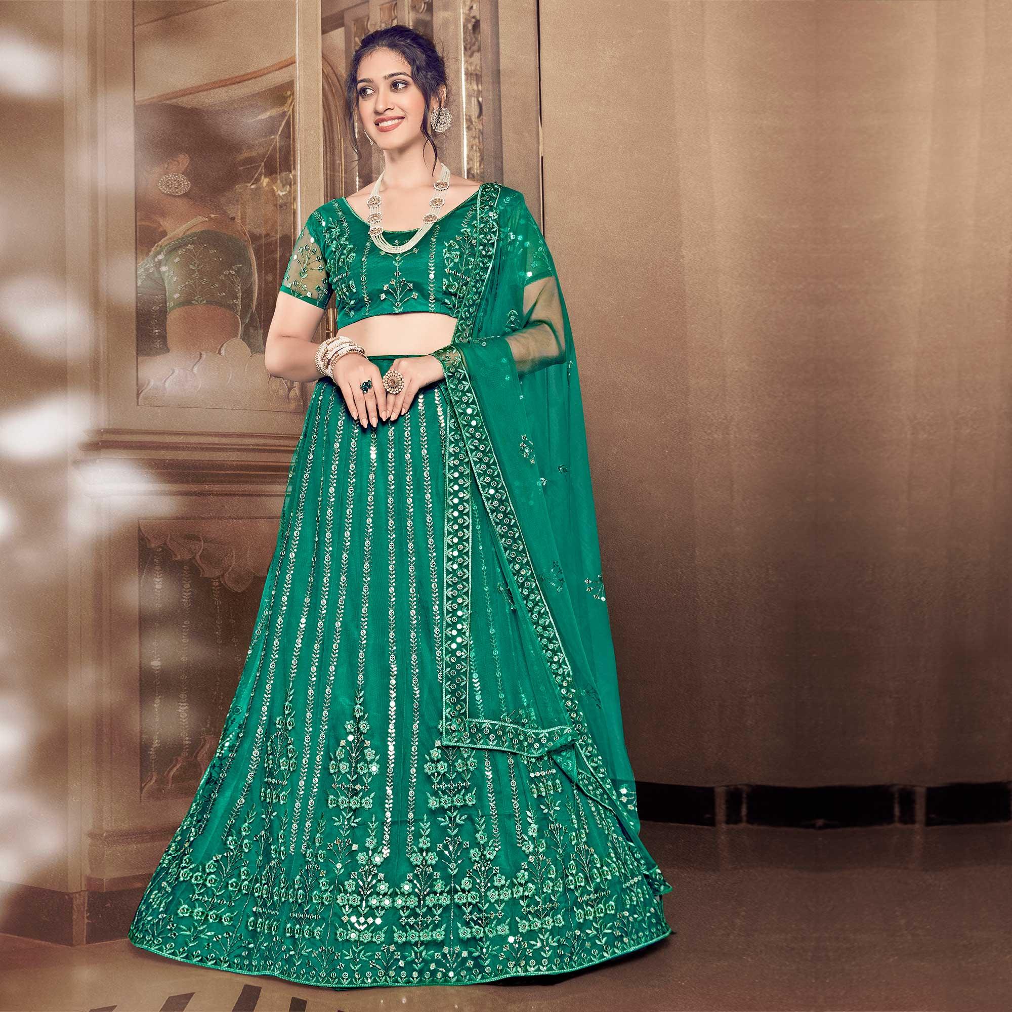 Light Rama Partywear Thread Sequence Soft Net Lehenga Choli - Peachmode