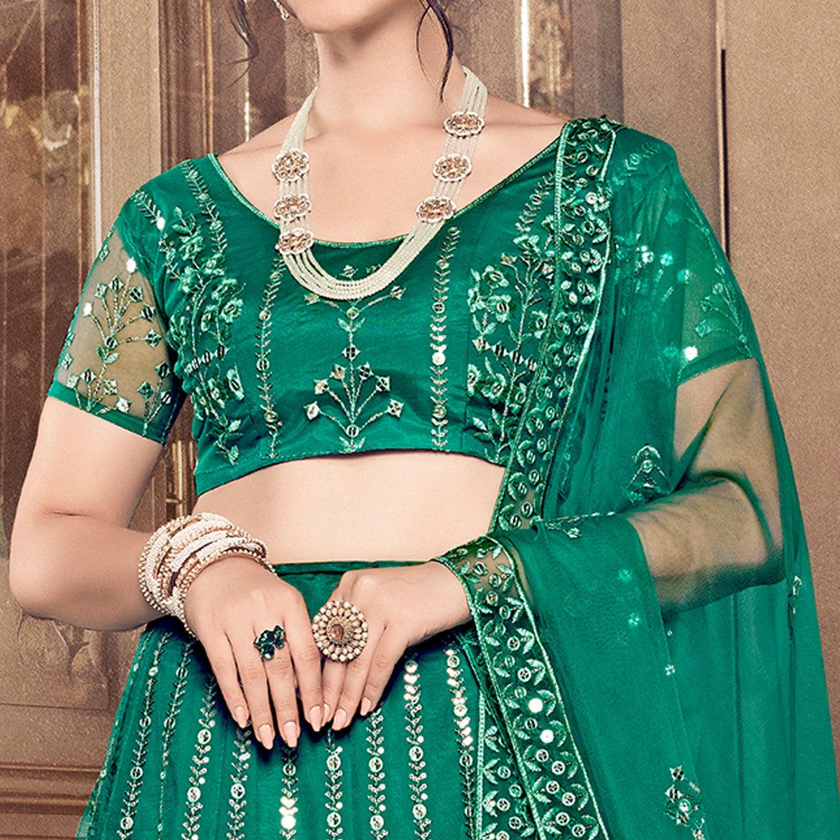 Light Rama Partywear Thread Sequence Soft Net Lehenga Choli - Peachmode
