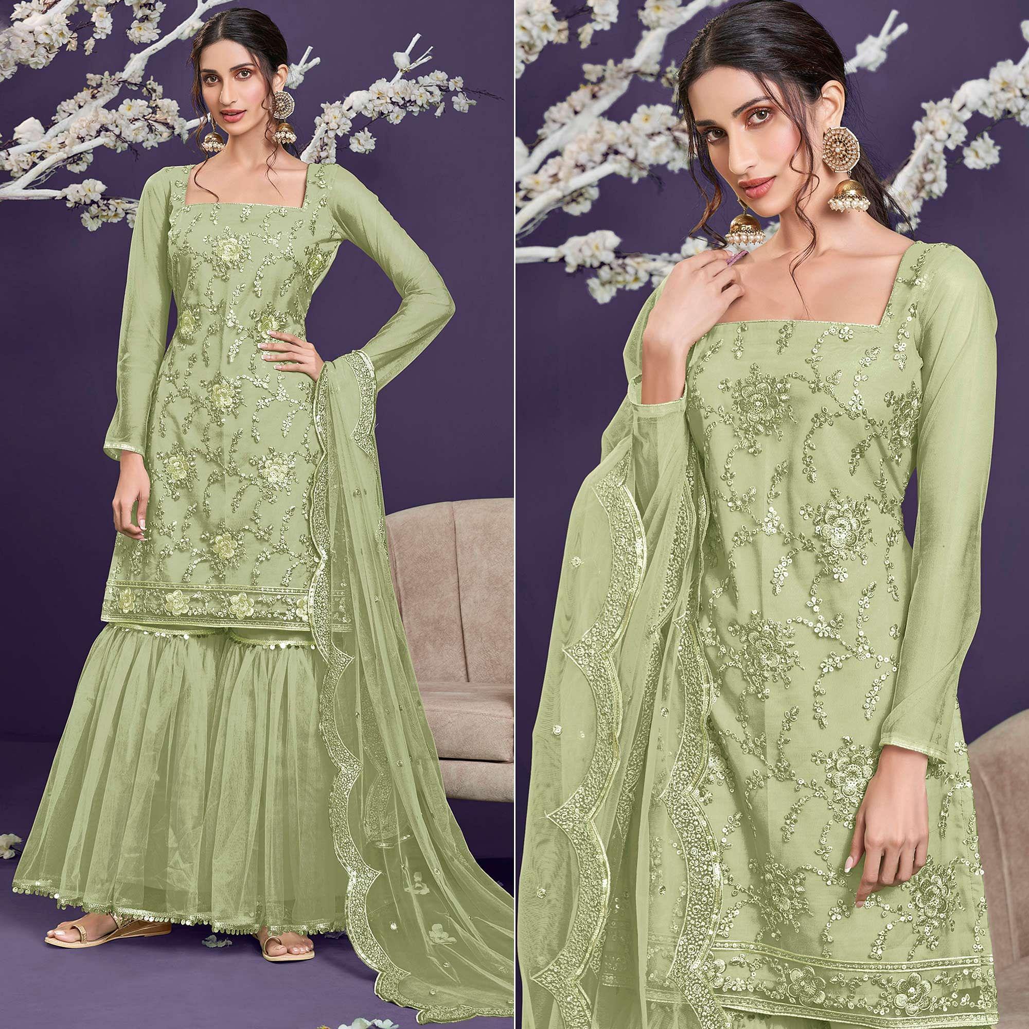 Light Sage Sequence Embroidered Netted Sharara Suit - Peachmode