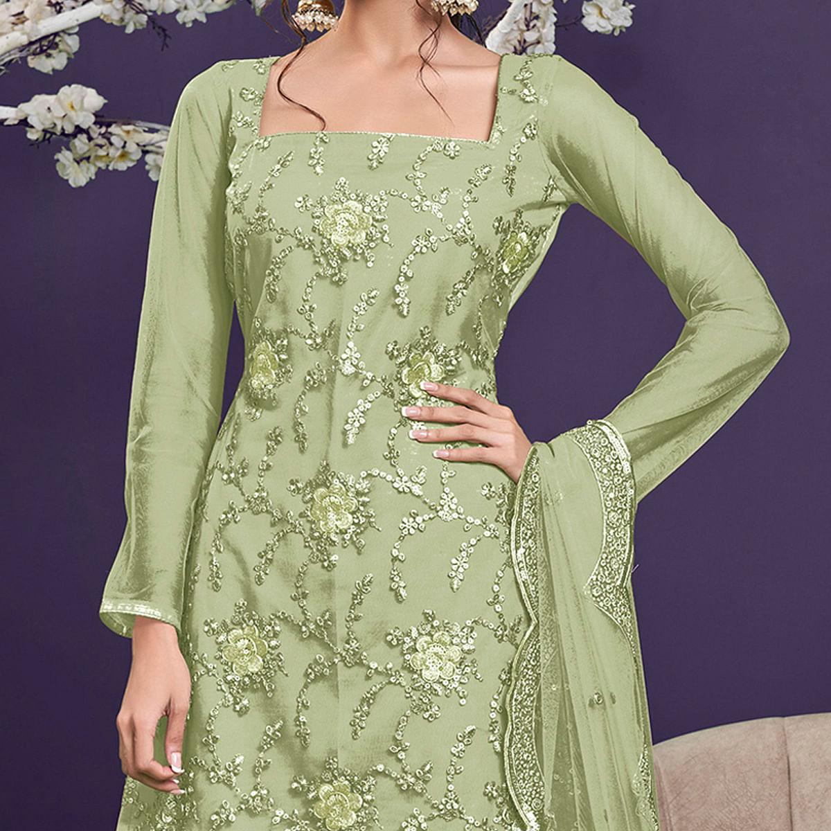 Light Sage Sequence Embroidered Netted Sharara Suit - Peachmode