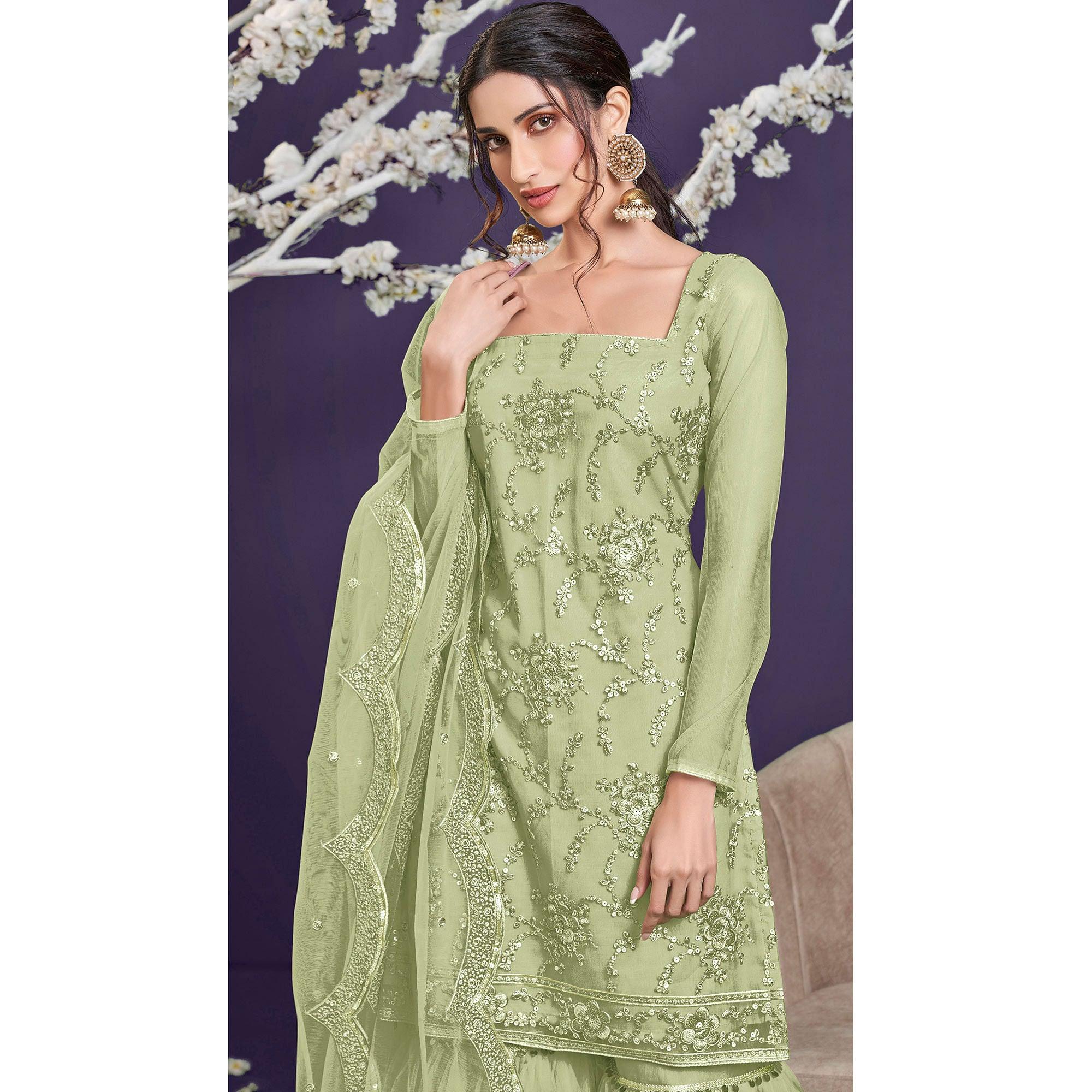 Light Sage Sequence Embroidered Netted Sharara Suit - Peachmode