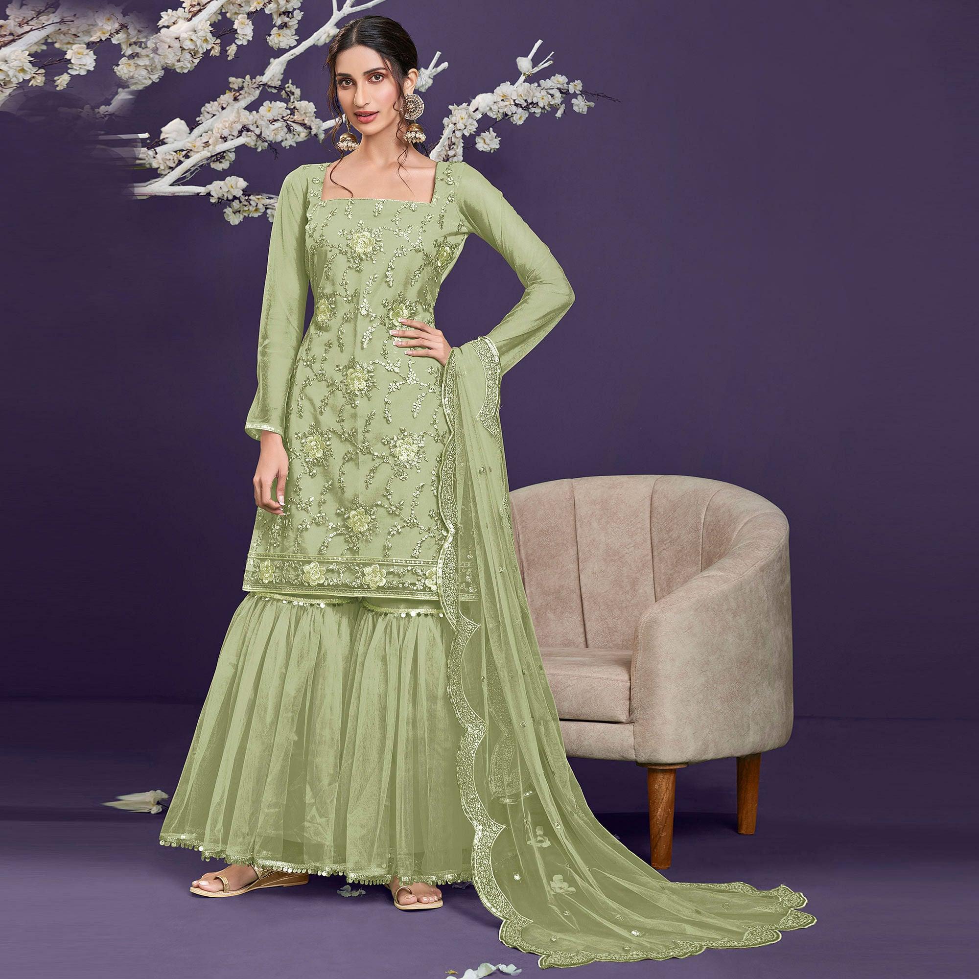 Light Sage Sequence Embroidered Netted Sharara Suit - Peachmode