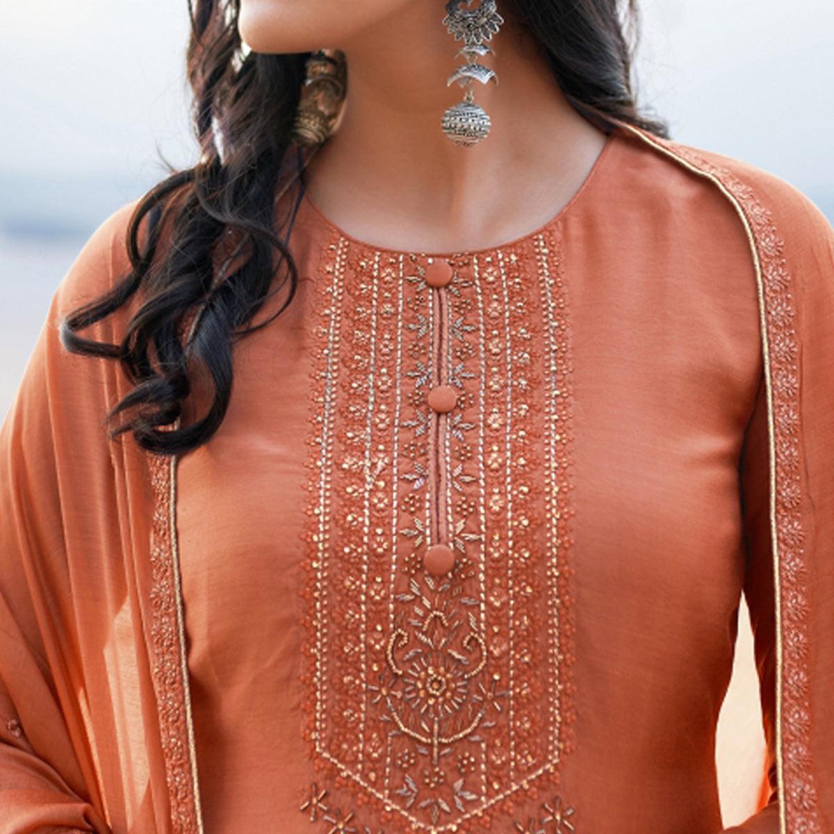 Light Salmon Emboidered Designer Georgette Partywear Suit - Peachmode