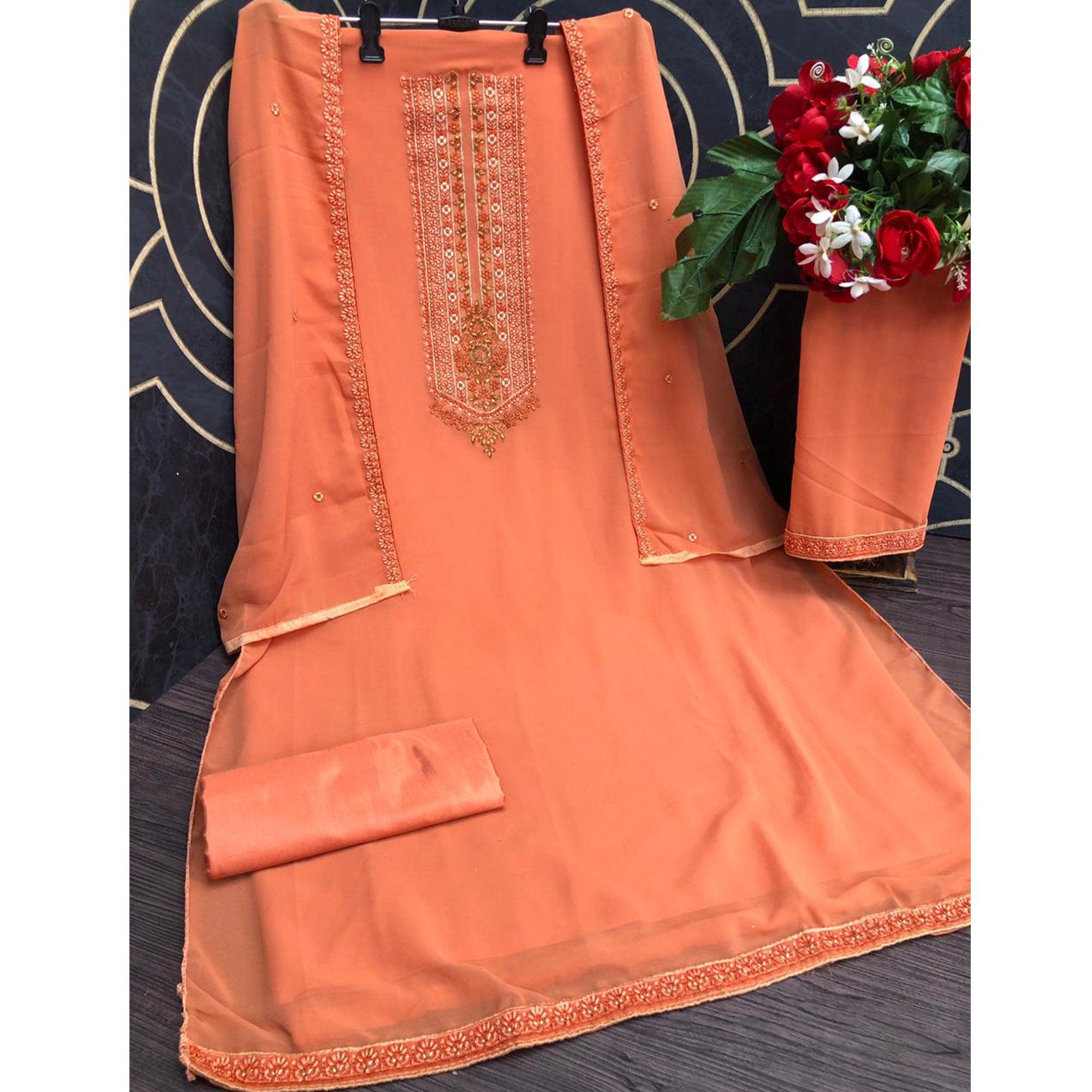 Light Salmon Emboidered Designer Georgette Partywear Suit - Peachmode