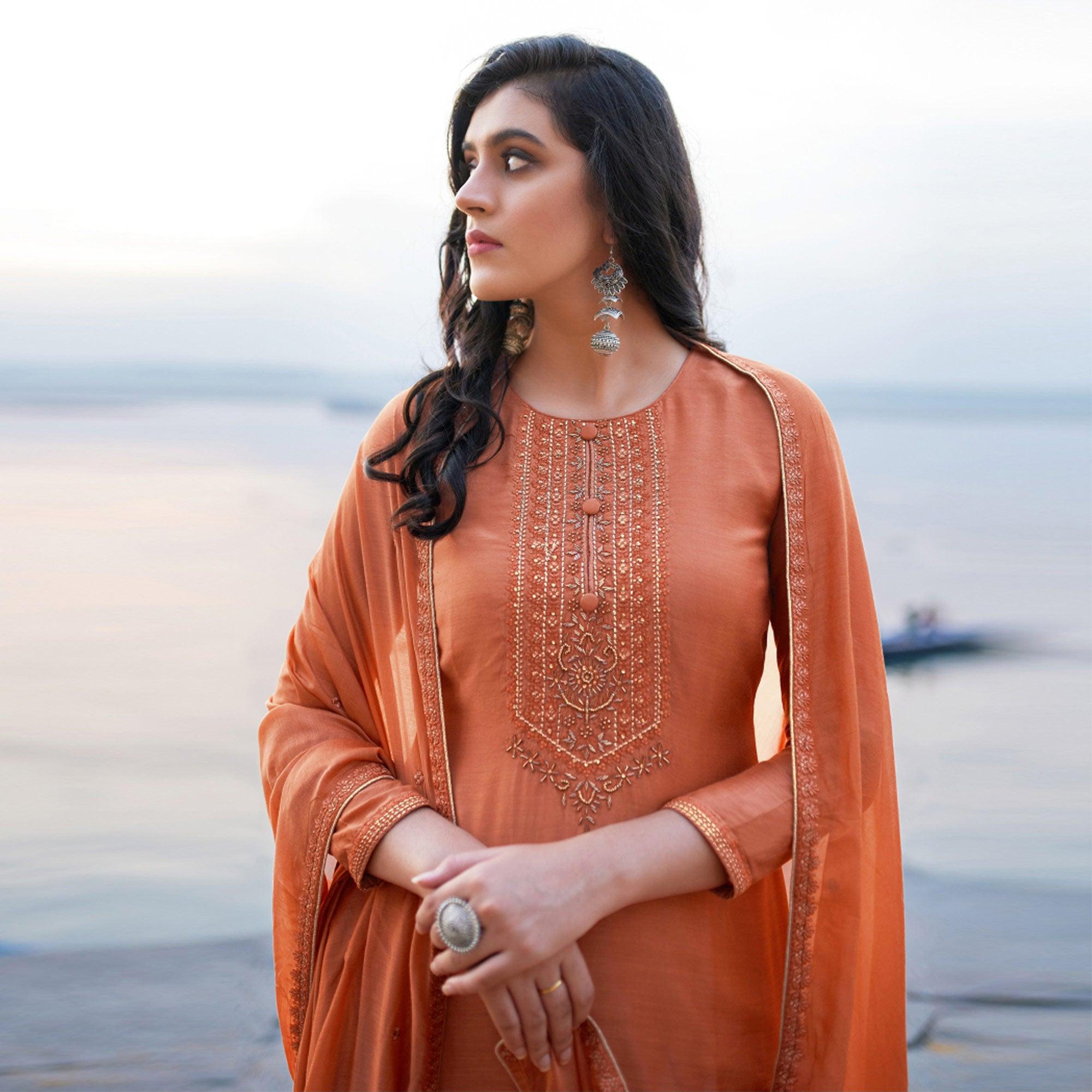 Light Salmon Emboidered Designer Georgette Partywear Suit - Peachmode