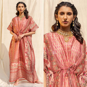 Light Salmon Peach Casual Wear Floral Digtial Printed Silk Kaftan Kurti - Peachmode