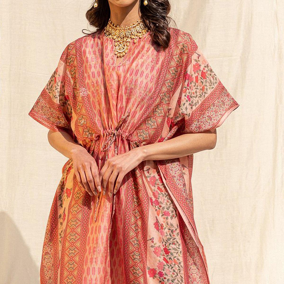 Light Salmon Peach Casual Wear Floral Digtial Printed Silk Kaftan Kurti - Peachmode