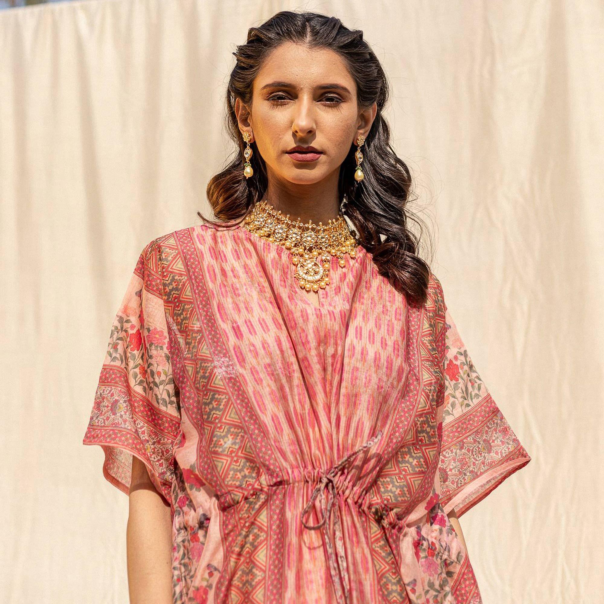 Light Salmon Peach Casual Wear Floral Digtial Printed Silk Kaftan Kurti - Peachmode