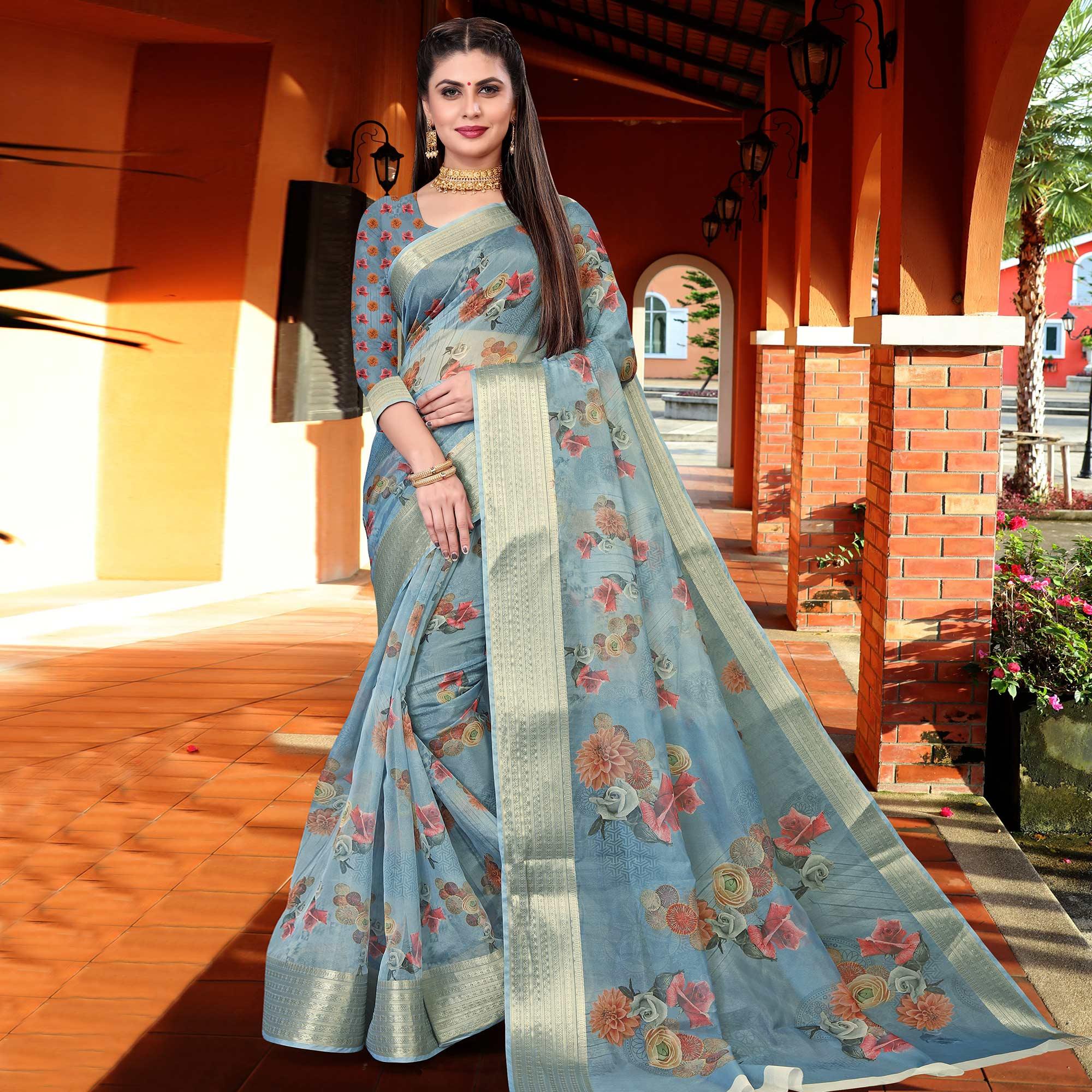 light Sky Blue Party Wear Floral Digital Printed With Jacquard Border Soft Georgette Saree - Peachmode