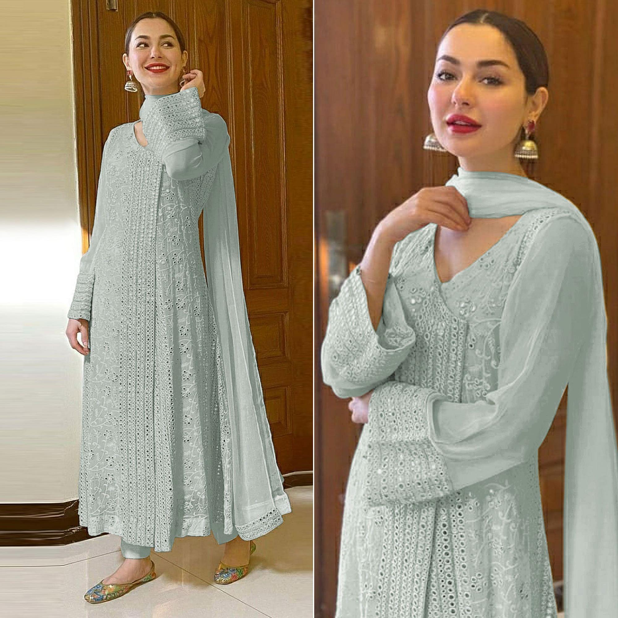 Light Sky Blue Sequence Embroidered Georgette Suit - Peachmode