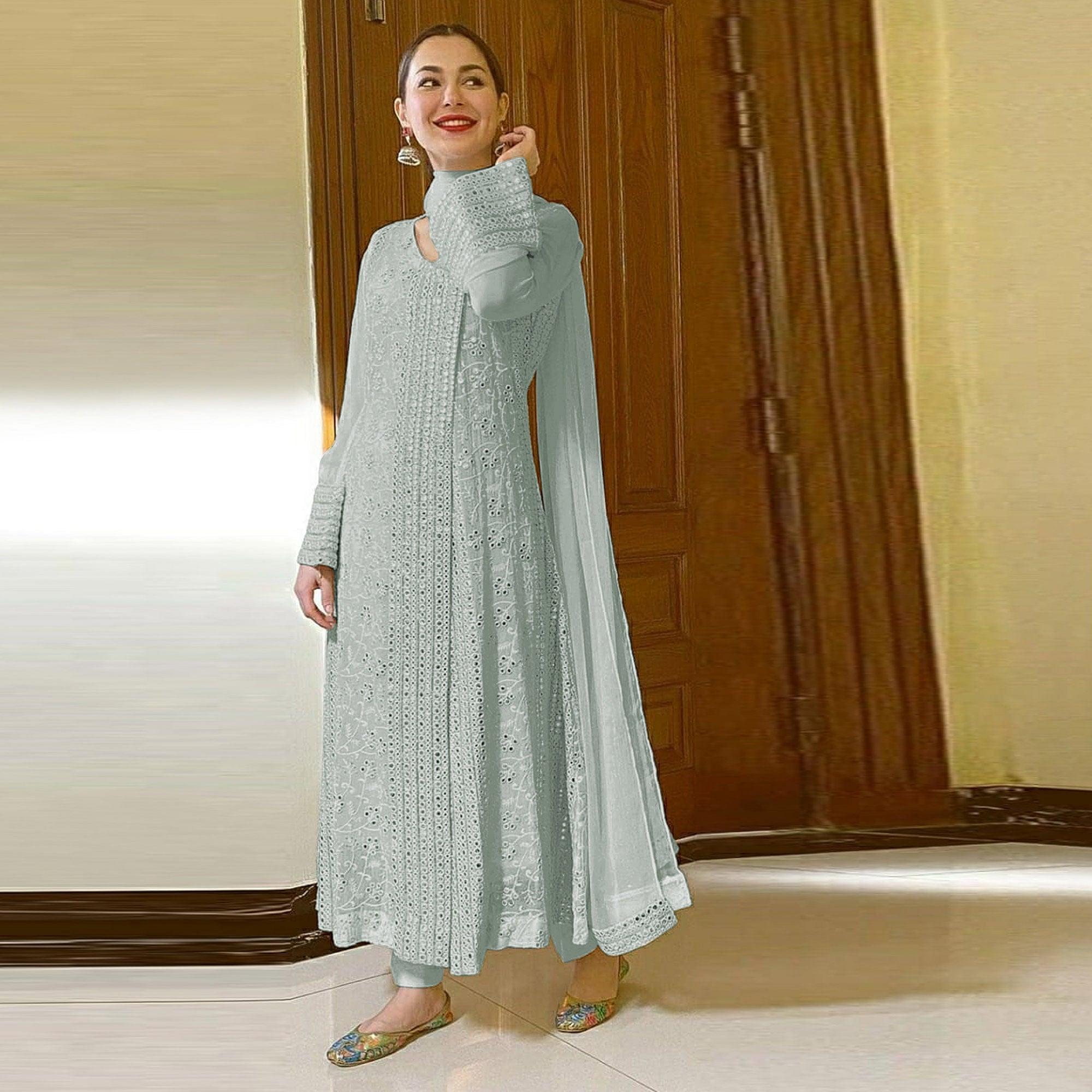 Light Sky Blue Sequence Embroidered Georgette Suit - Peachmode