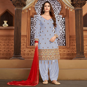 Light Steel Blue Partywear Designer Floral Embroidered Faux Georgette Patiyala Suit - Peachmode