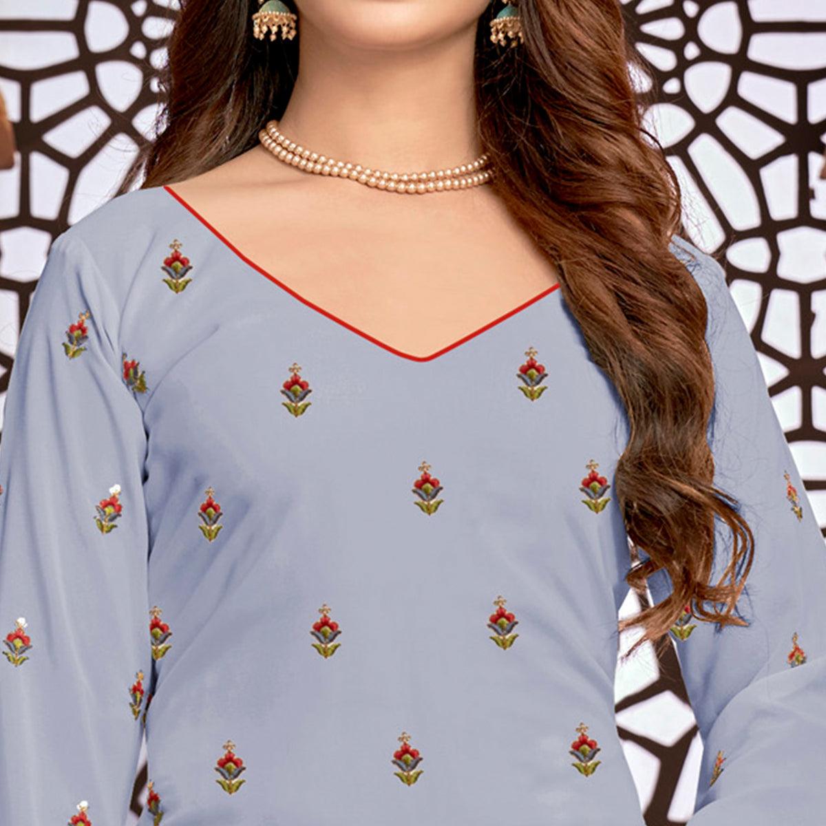 Light Steel Blue Partywear Designer Floral Embroidered Faux Georgette Patiyala Suit - Peachmode