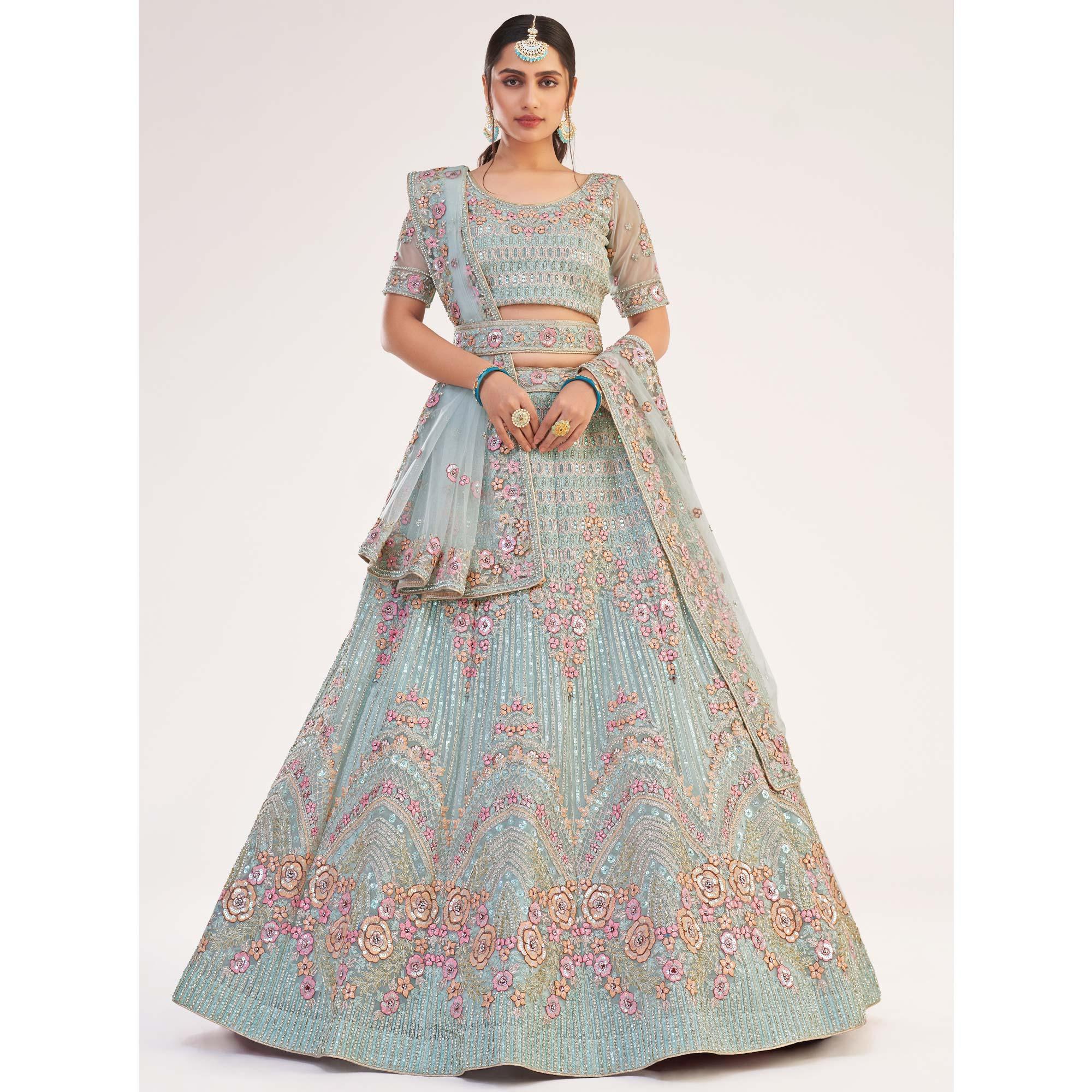 Light Turquoise Blue Wedding Wear Embellished Heavy Butterfly Net Lehenga Choli - Peachmode