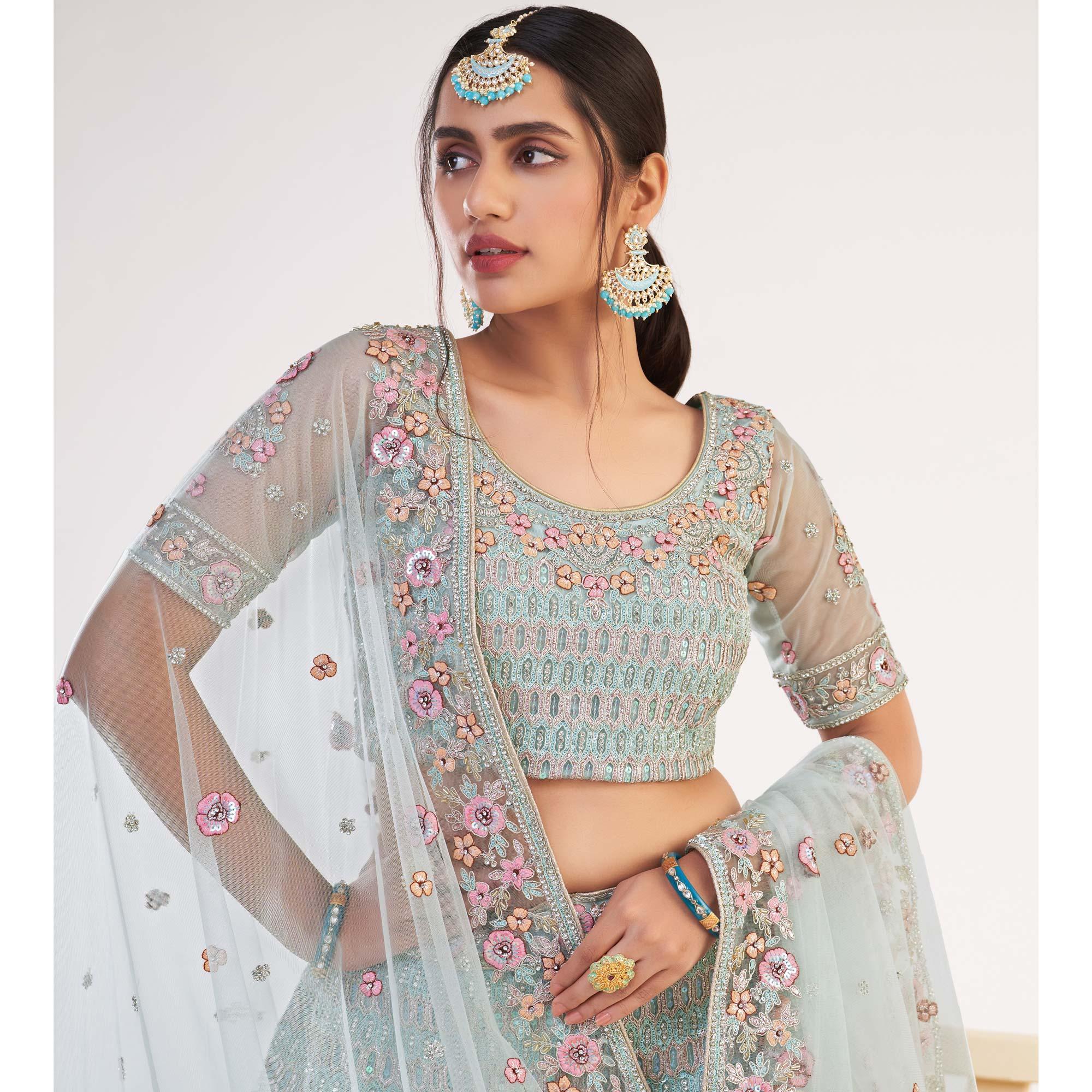 Light Turquoise Blue Wedding Wear Embellished Heavy Butterfly Net Lehenga Choli - Peachmode