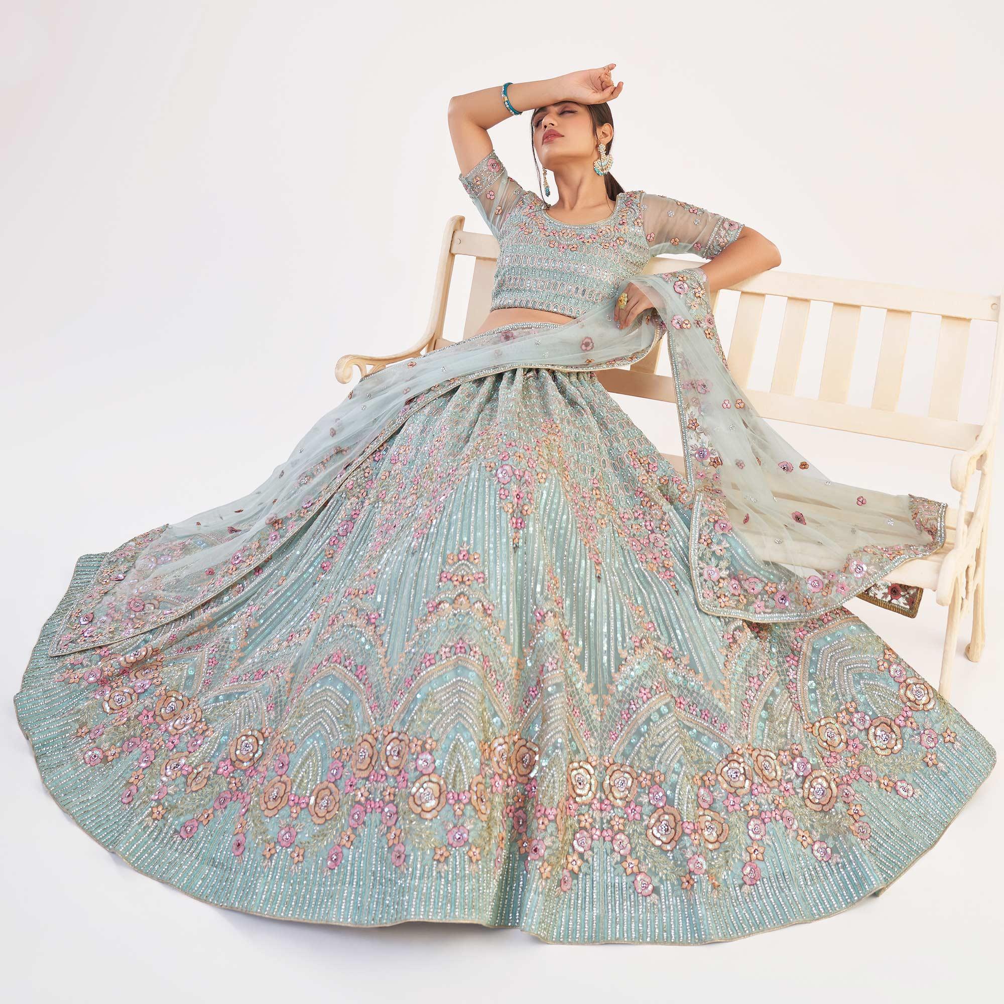 Light Turquoise Blue Wedding Wear Embellished Heavy Butterfly Net Lehenga Choli - Peachmode