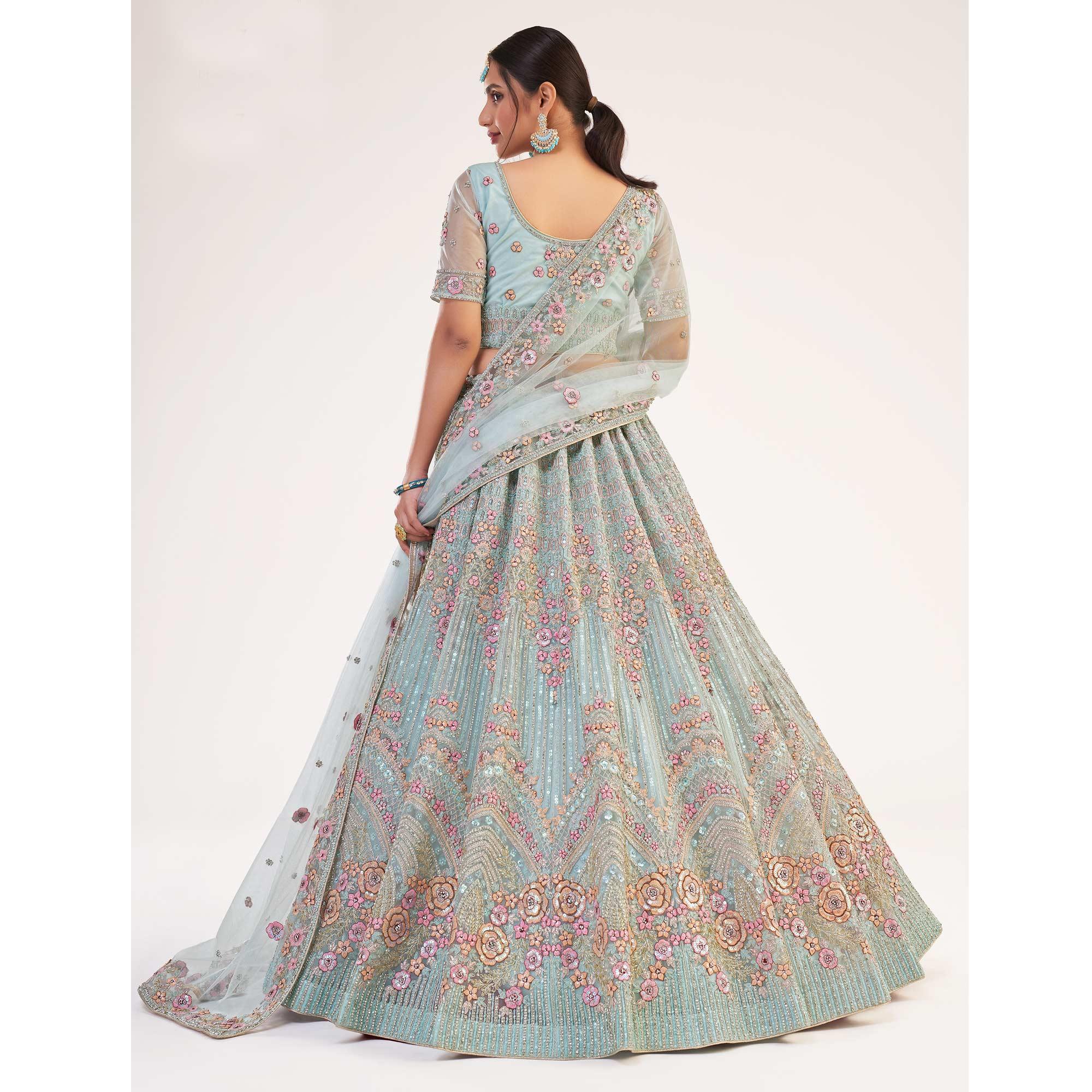Light Turquoise Blue Wedding Wear Embellished Heavy Butterfly Net Lehenga Choli - Peachmode