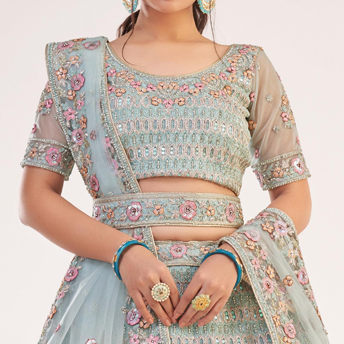 Light Turquoise Blue Wedding Wear Embellished Heavy Butterfly Net Lehenga Choli - Peachmode
