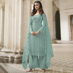 Light Turquoise Embroidered With Embellished Net Palazzo Suit - Peachmode