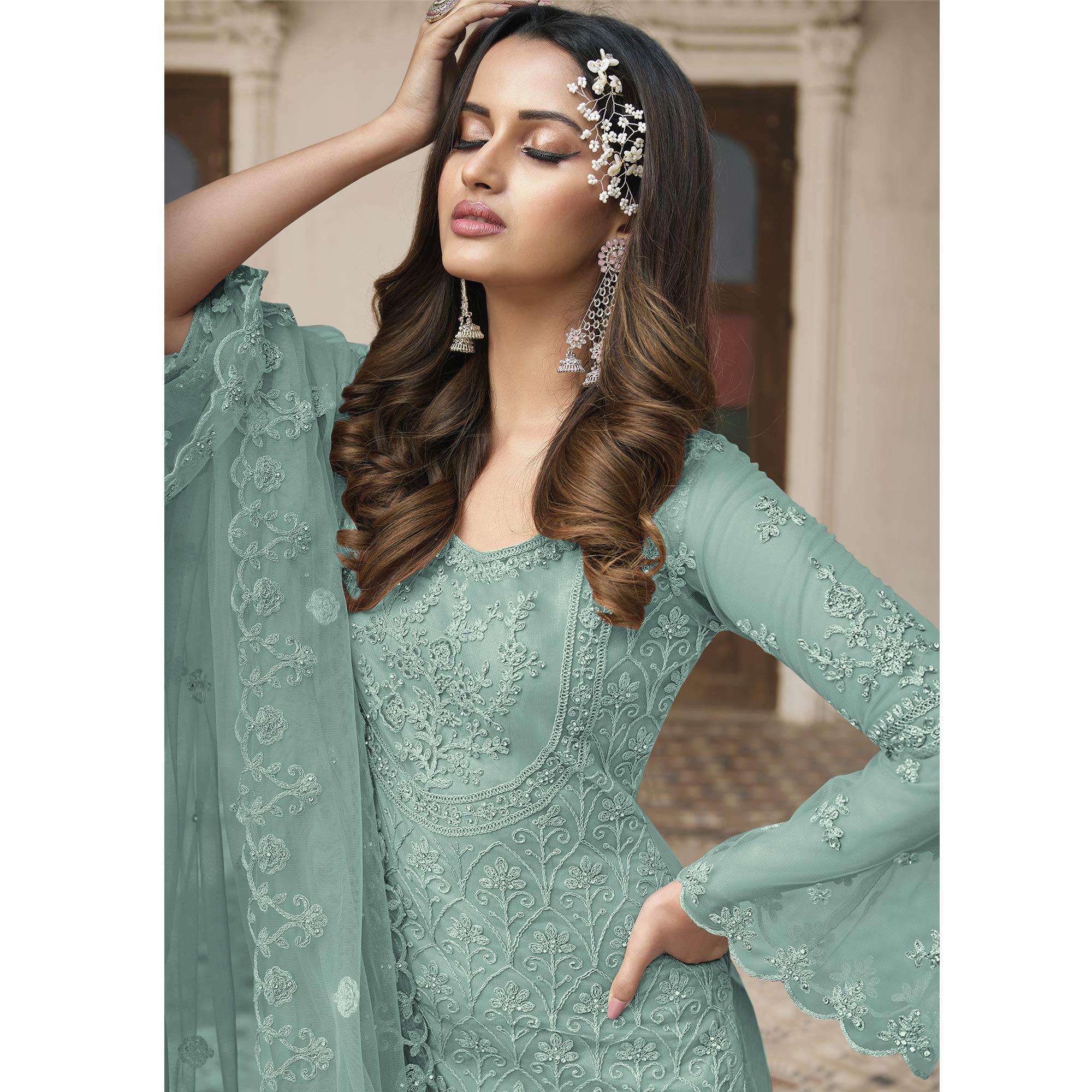Light Turquoise Embroidered With Embellished Net Palazzo Suit - Peachmode