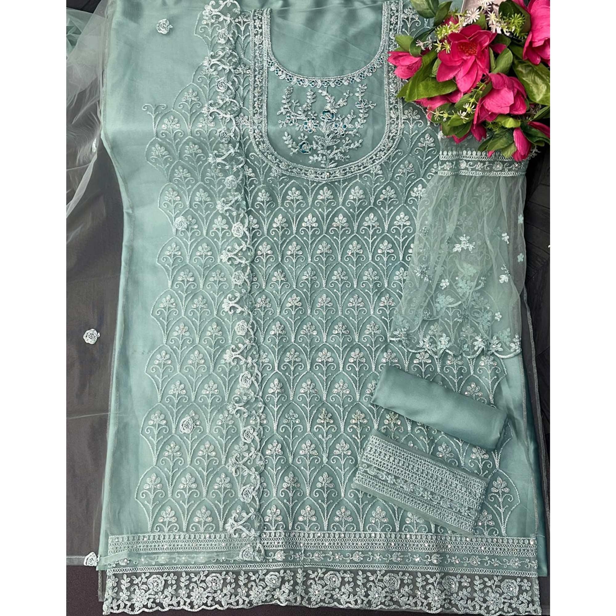 Light Turquoise Embroidered With Embellished Net Palazzo Suit - Peachmode