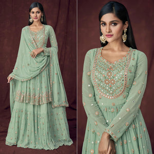 Light Turquoise Partywear Embroidered & Embellished Georgette Sharara Suit - Peachmode