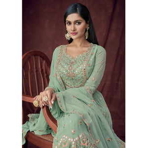 Light Turquoise Partywear Embroidered & Embellished Georgette Sharara Suit - Peachmode