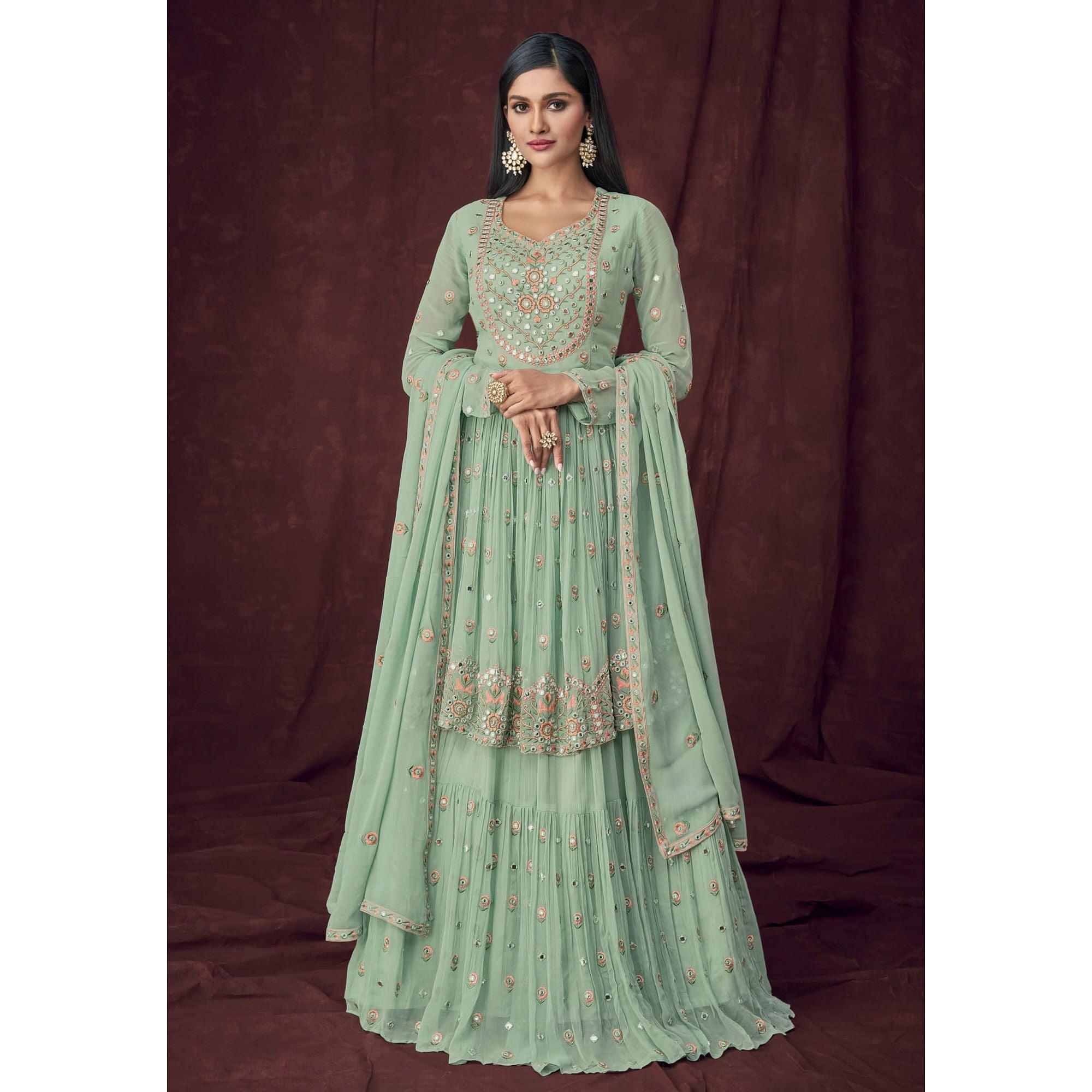 Light Turquoise Partywear Embroidered & Embellished Georgette Sharara Suit - Peachmode