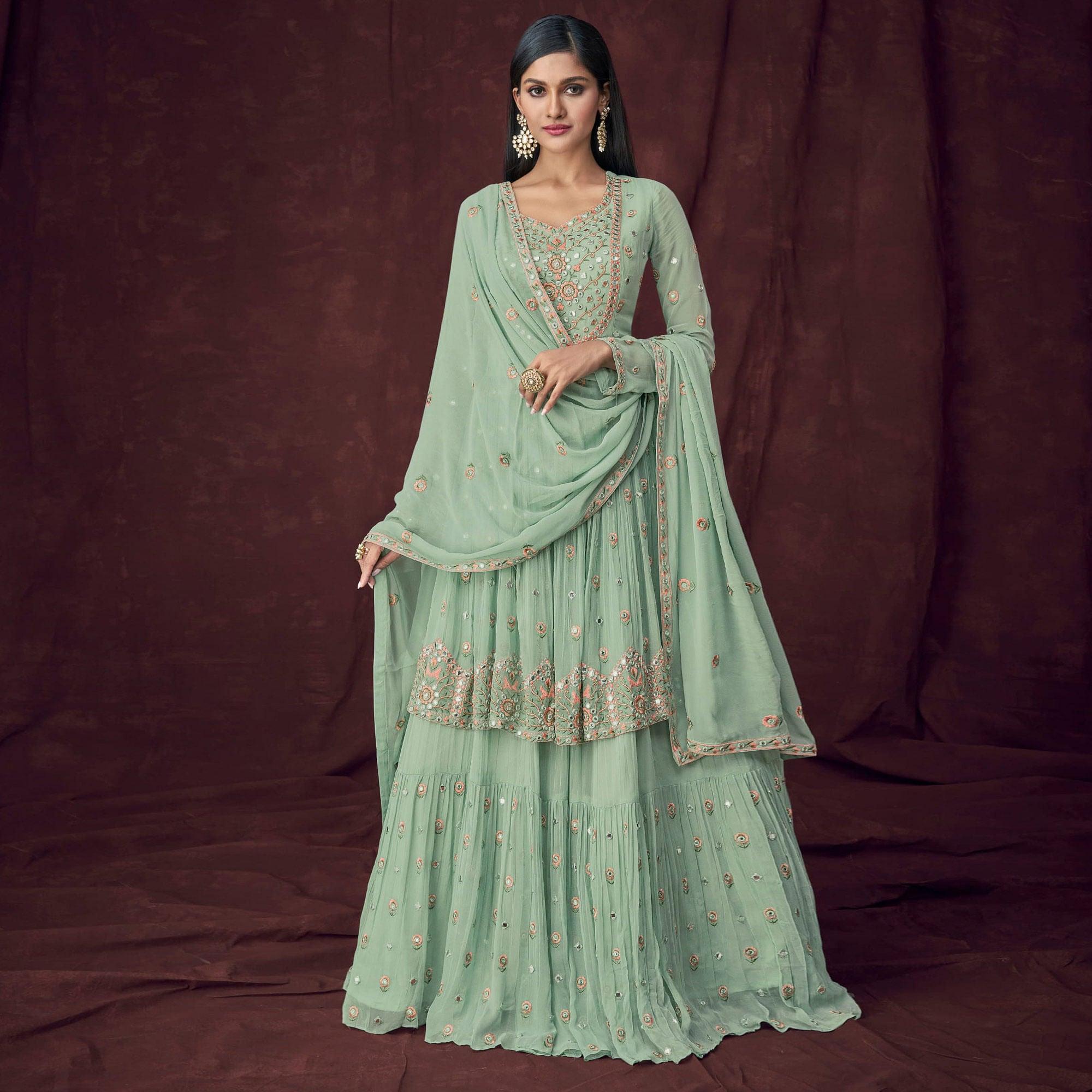 Light Turquoise Partywear Embroidered & Embellished Georgette Sharara Suit - Peachmode