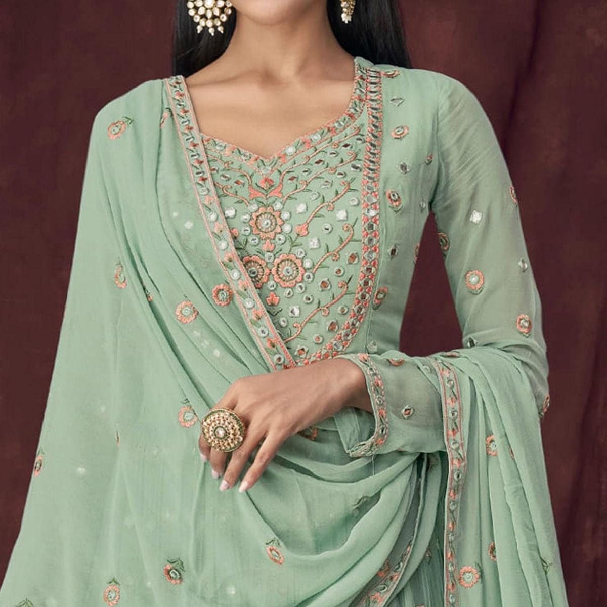 Light Turquoise Partywear Embroidered & Embellished Georgette Sharara Suit - Peachmode