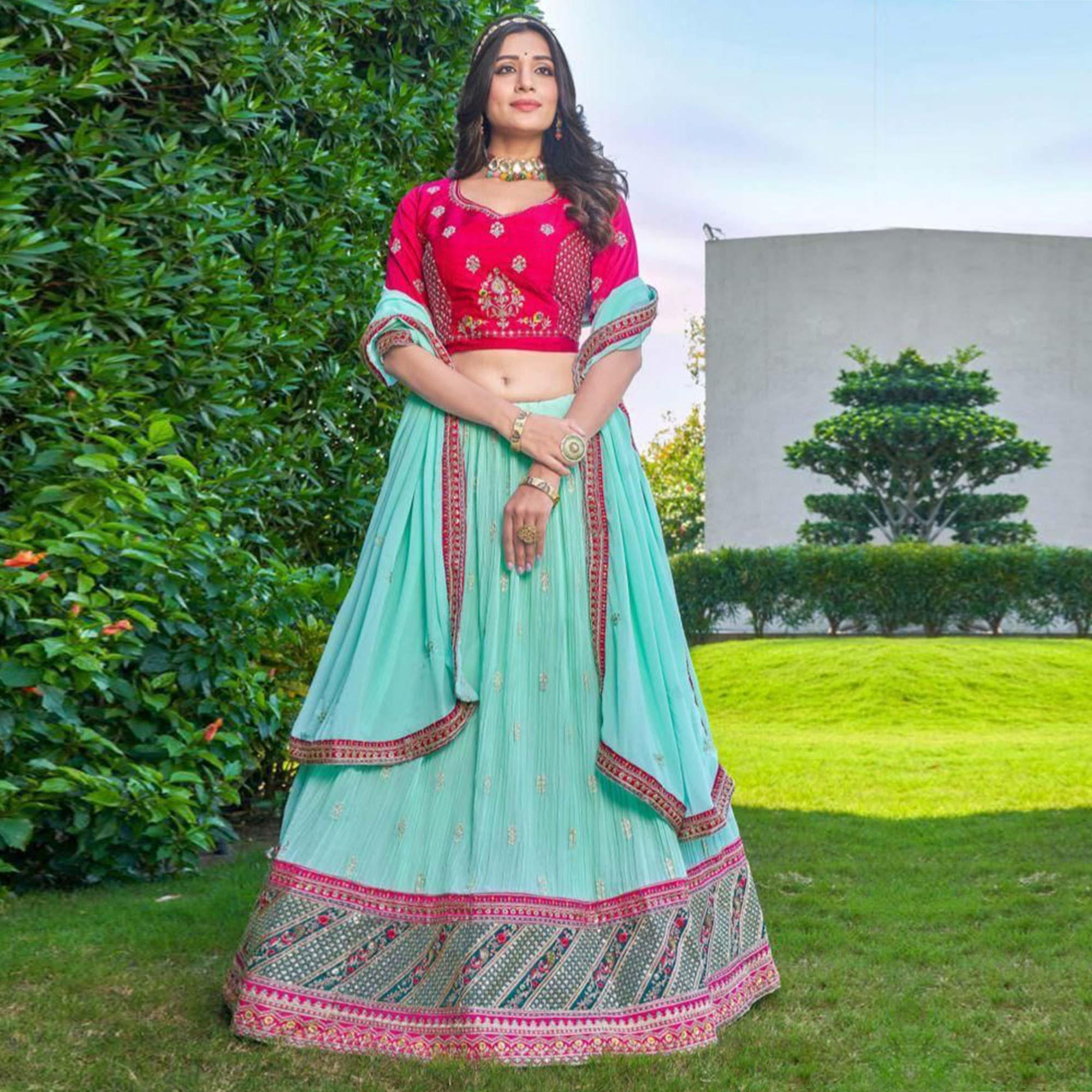 Light Turquoise Partywear Embroidered Georgette Lehenga Choli - Peachmode