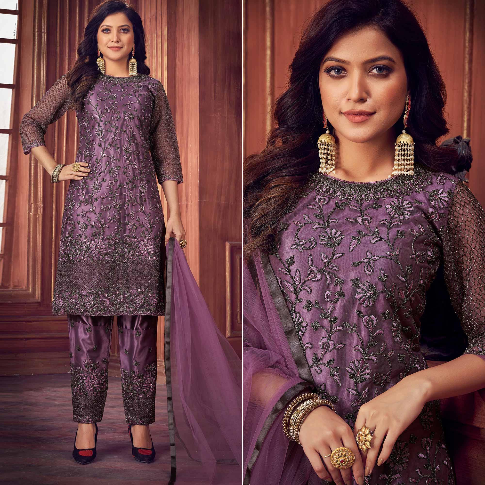 Light Violet Floral Embroidered Net Partywear Suit - Peachmode