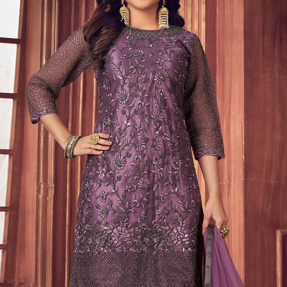Light Violet Floral Embroidered Net Partywear Suit - Peachmode