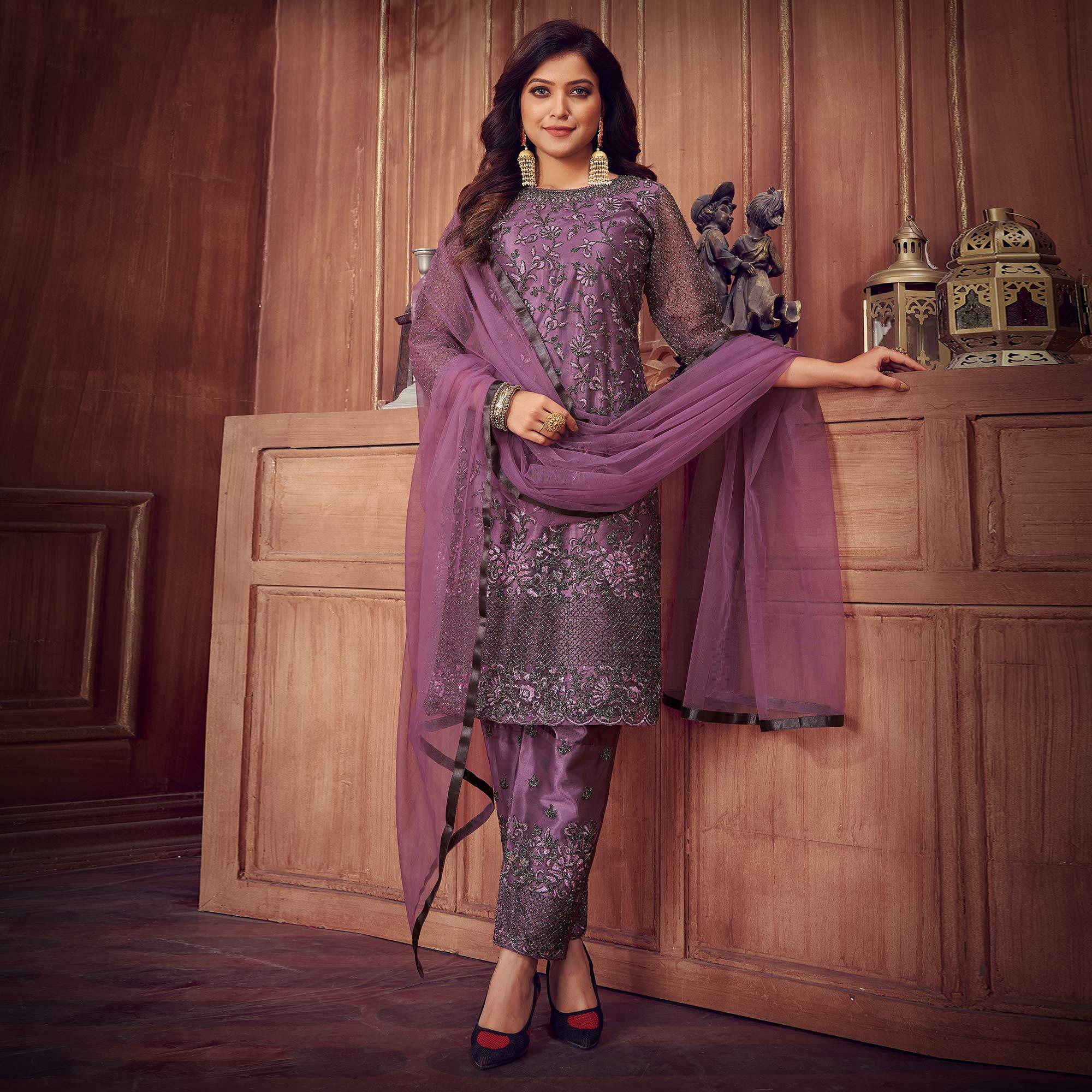 Light Violet Floral Embroidered Net Partywear Suit - Peachmode