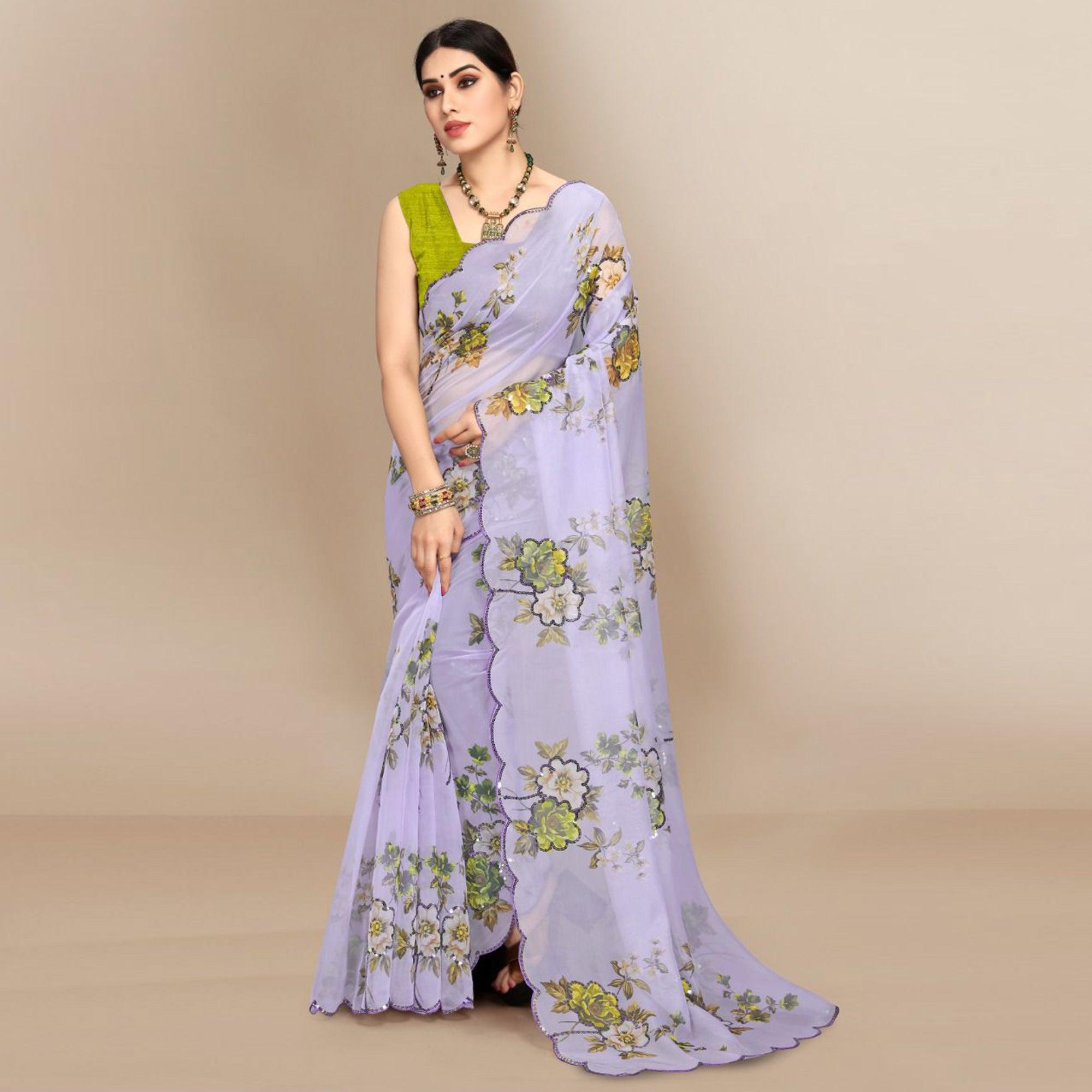 Light Violet Partywear Sequence & Printed Organza Saree - Peachmode