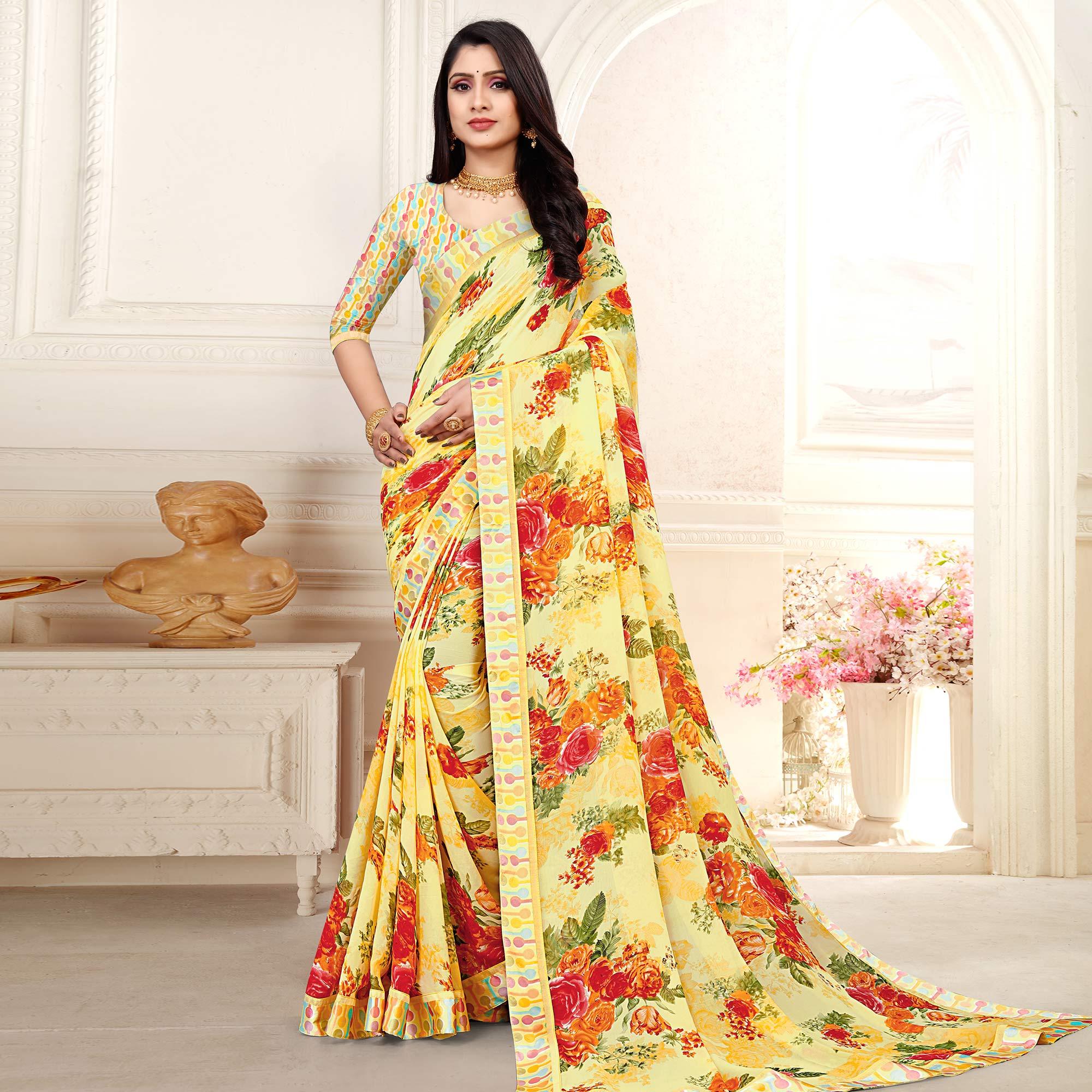 Light Yellow Casaul Wear Floral Printed Georgette Saree With Satin Lace - Peachmode