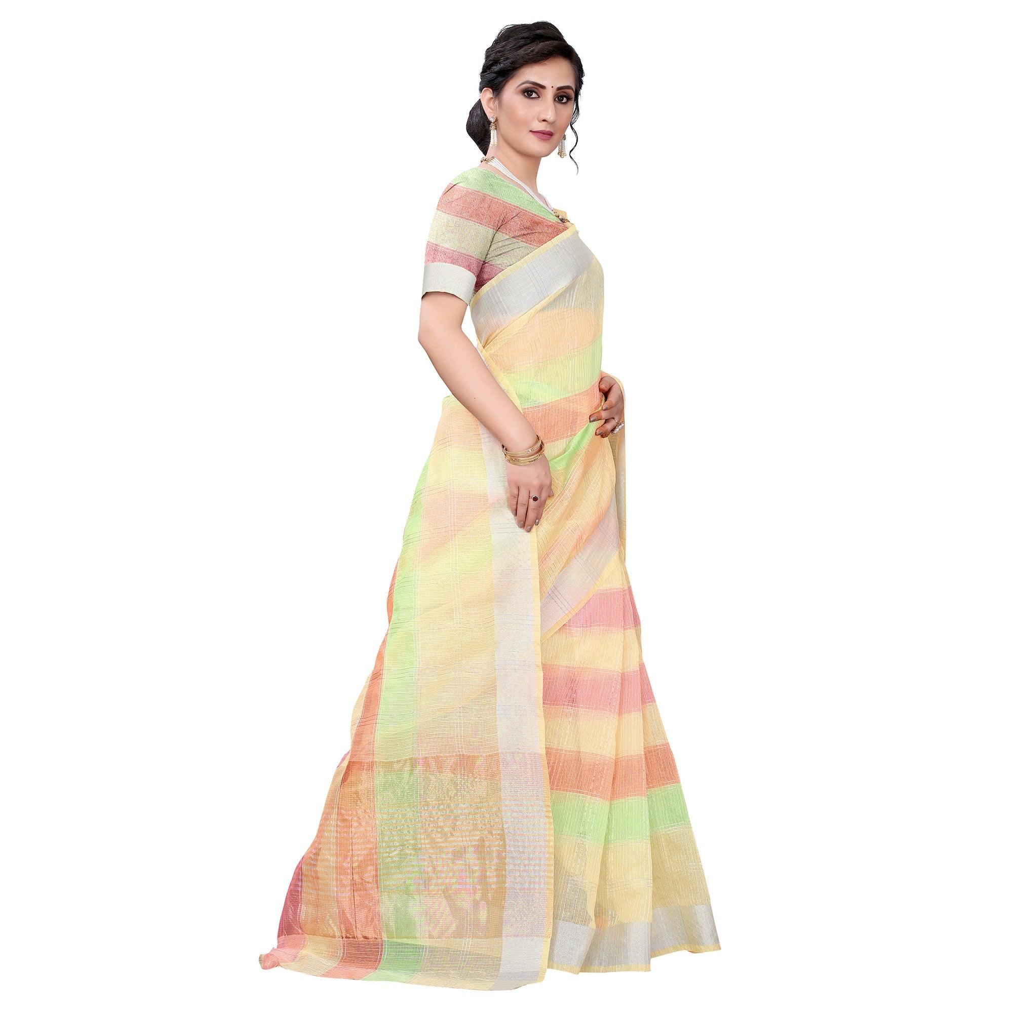 Light Yellow Casual Wear Checks Printed Silk Saree With Border - Peachmode