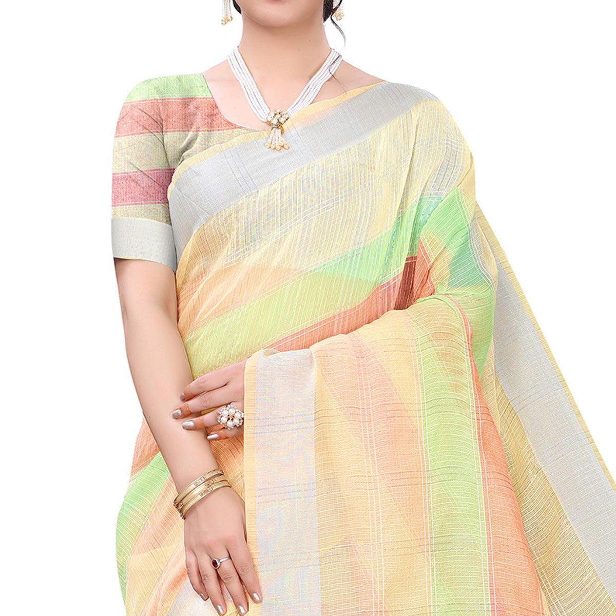 Light Yellow Casual Wear Checks Printed Silk Saree With Border - Peachmode