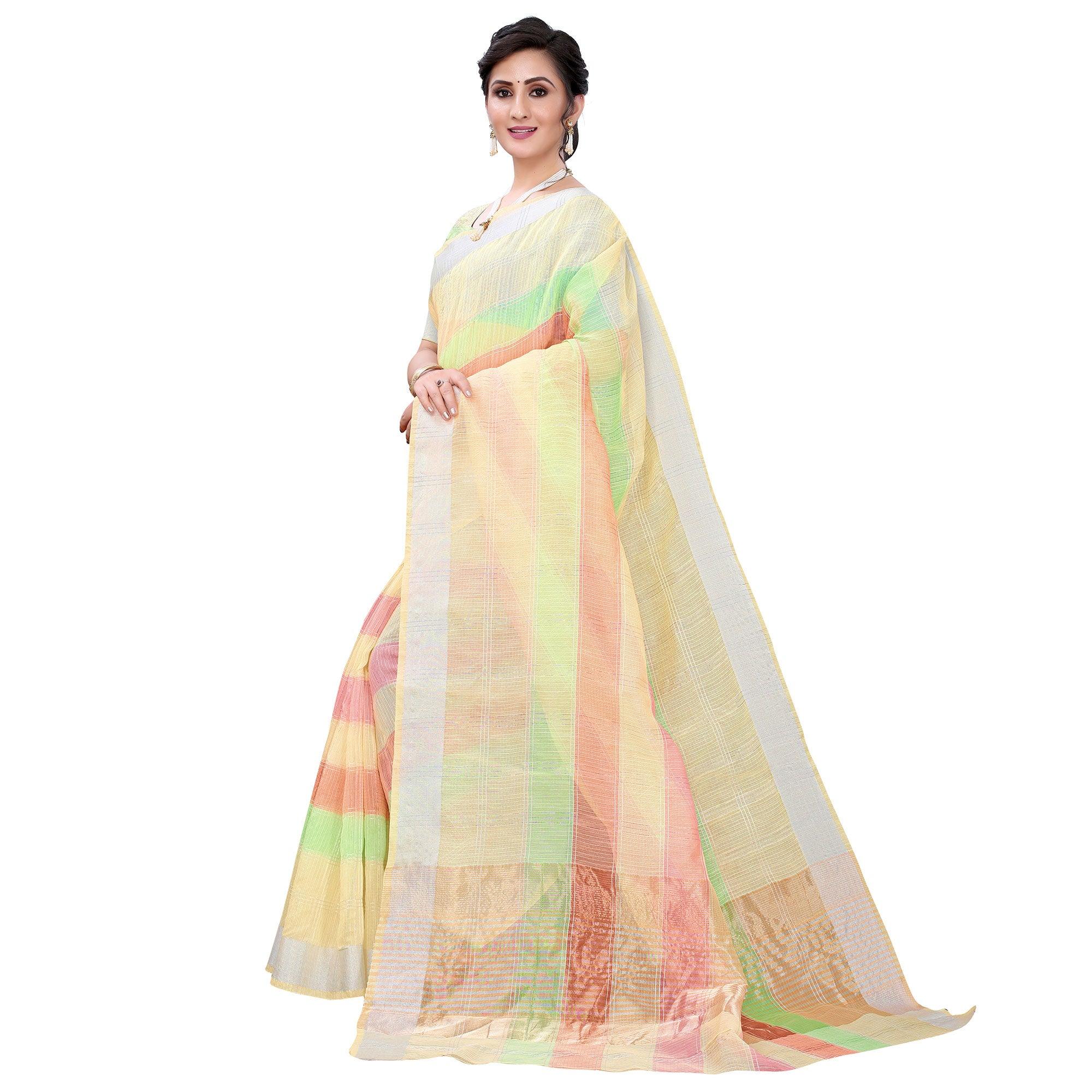 Light Yellow Casual Wear Checks Printed Silk Saree With Border - Peachmode