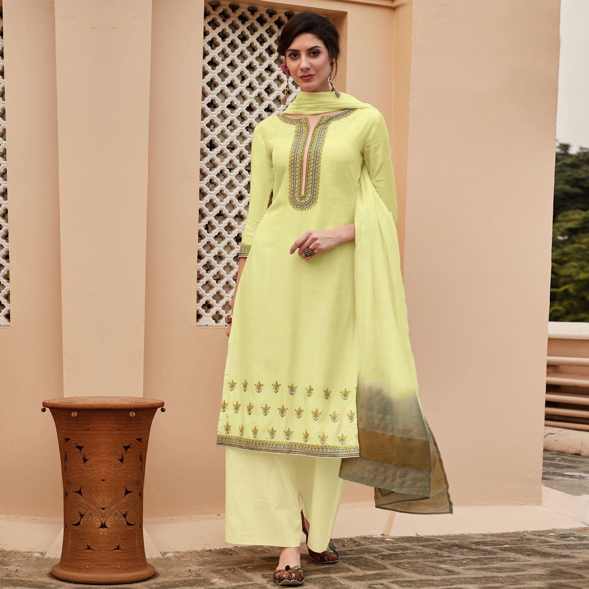 Light Yellow Casual Wear Embroidered Georgette Suit - Peachmode