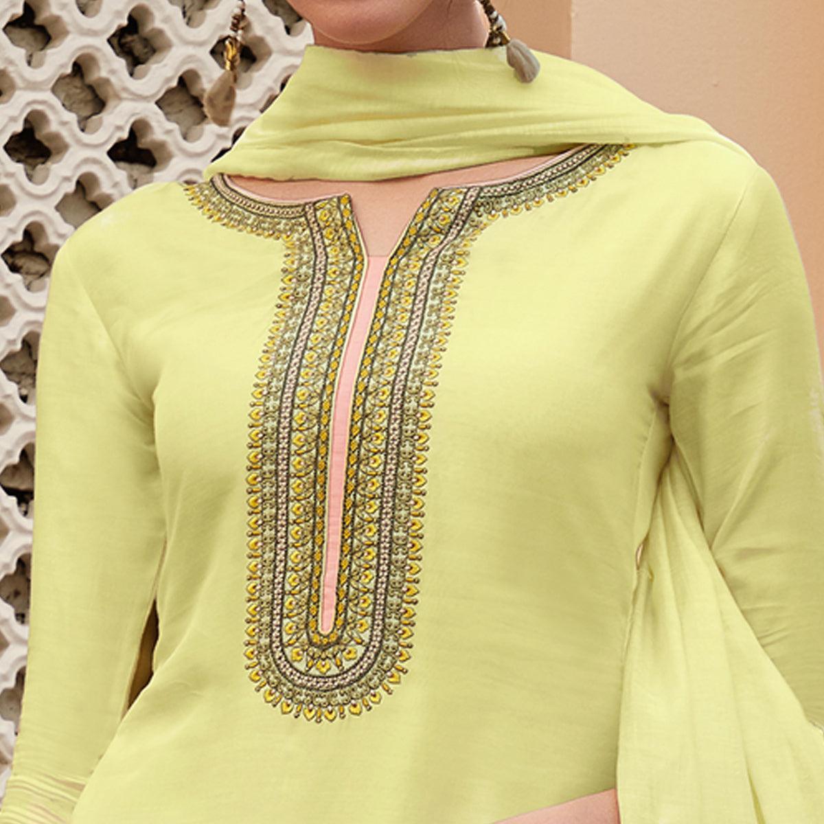 Light Yellow Casual Wear Embroidered Georgette Suit - Peachmode