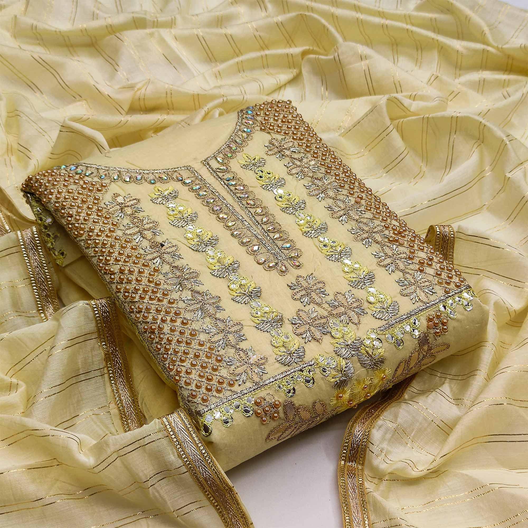 Light Yellow Casual Wear Floral Embroidery With Hand Work Modal Chanderi Dress Material - Peachmode