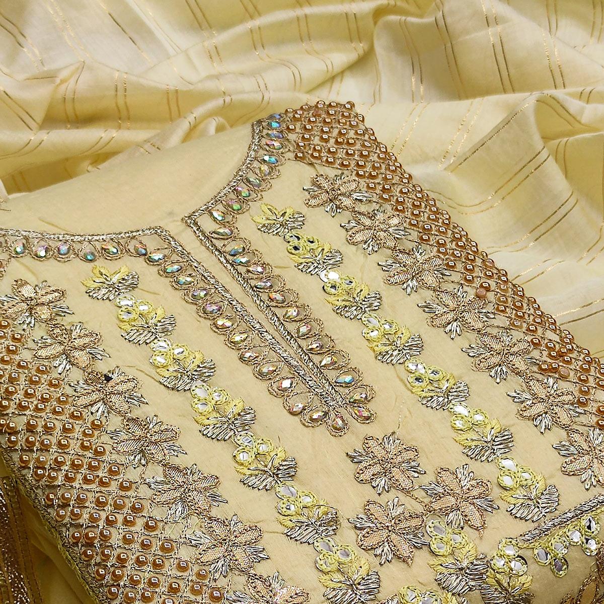 Light Yellow Casual Wear Floral Embroidery With Hand Work Modal Chanderi Dress Material - Peachmode