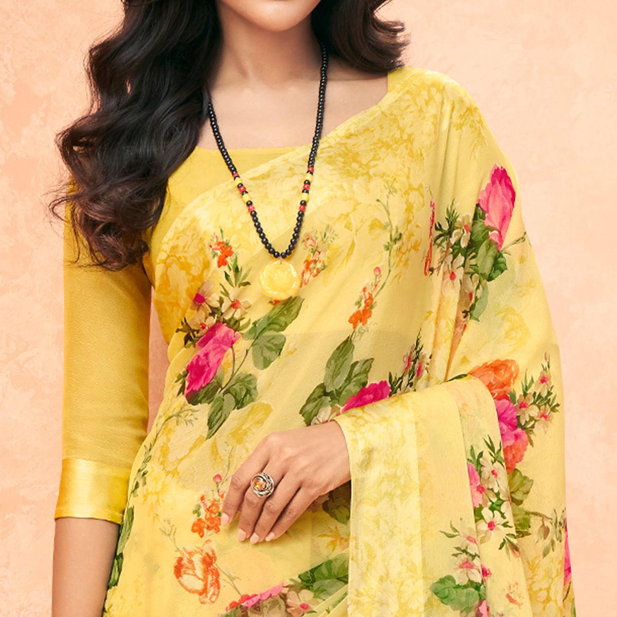 Light Yellow Casual Wear Floral Printed Chiffon Saree - Peachmode